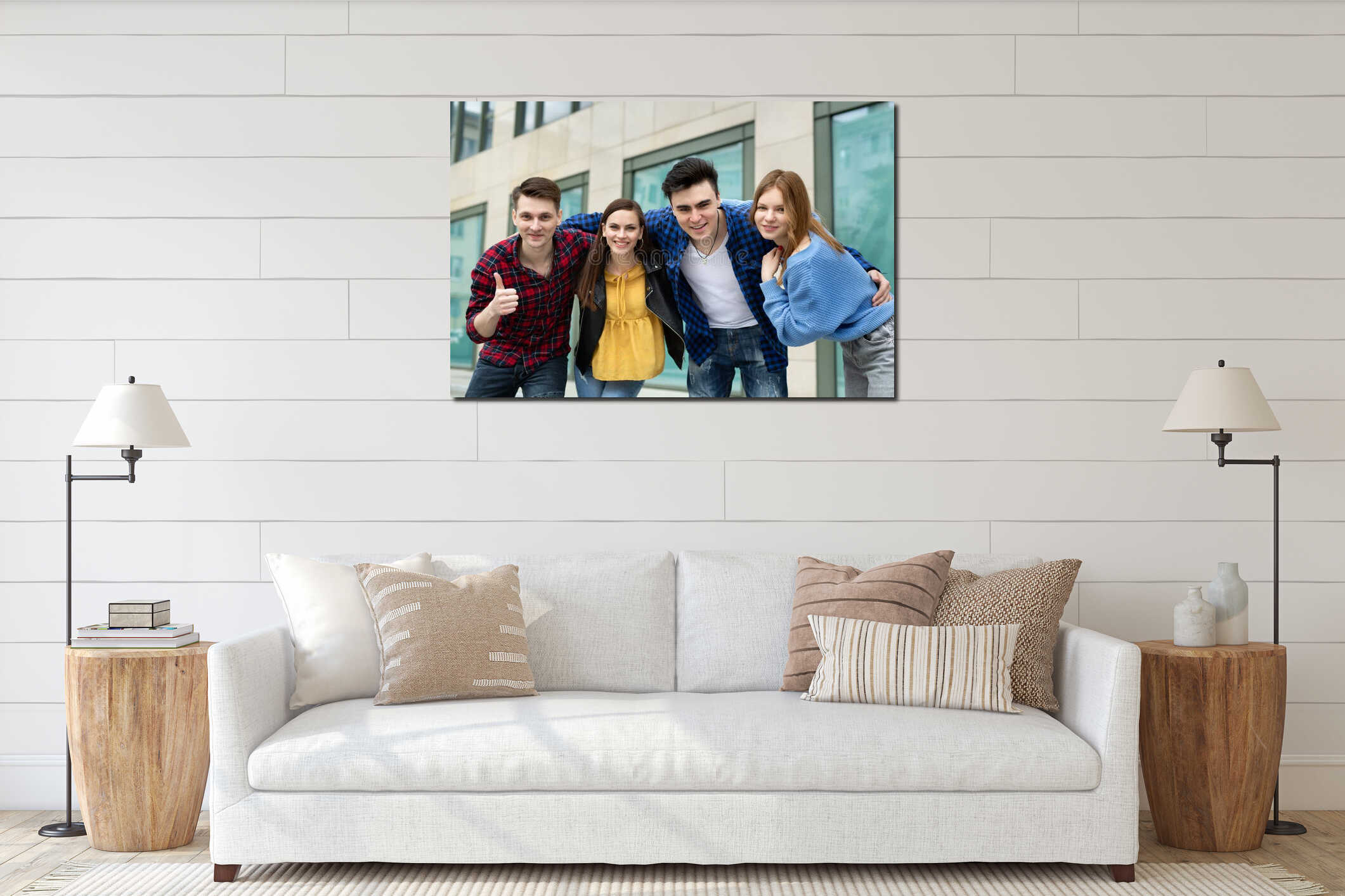 Concept of friendship, travel and recreation - a group of smiling friends hug and smile at the camera. interior mockup