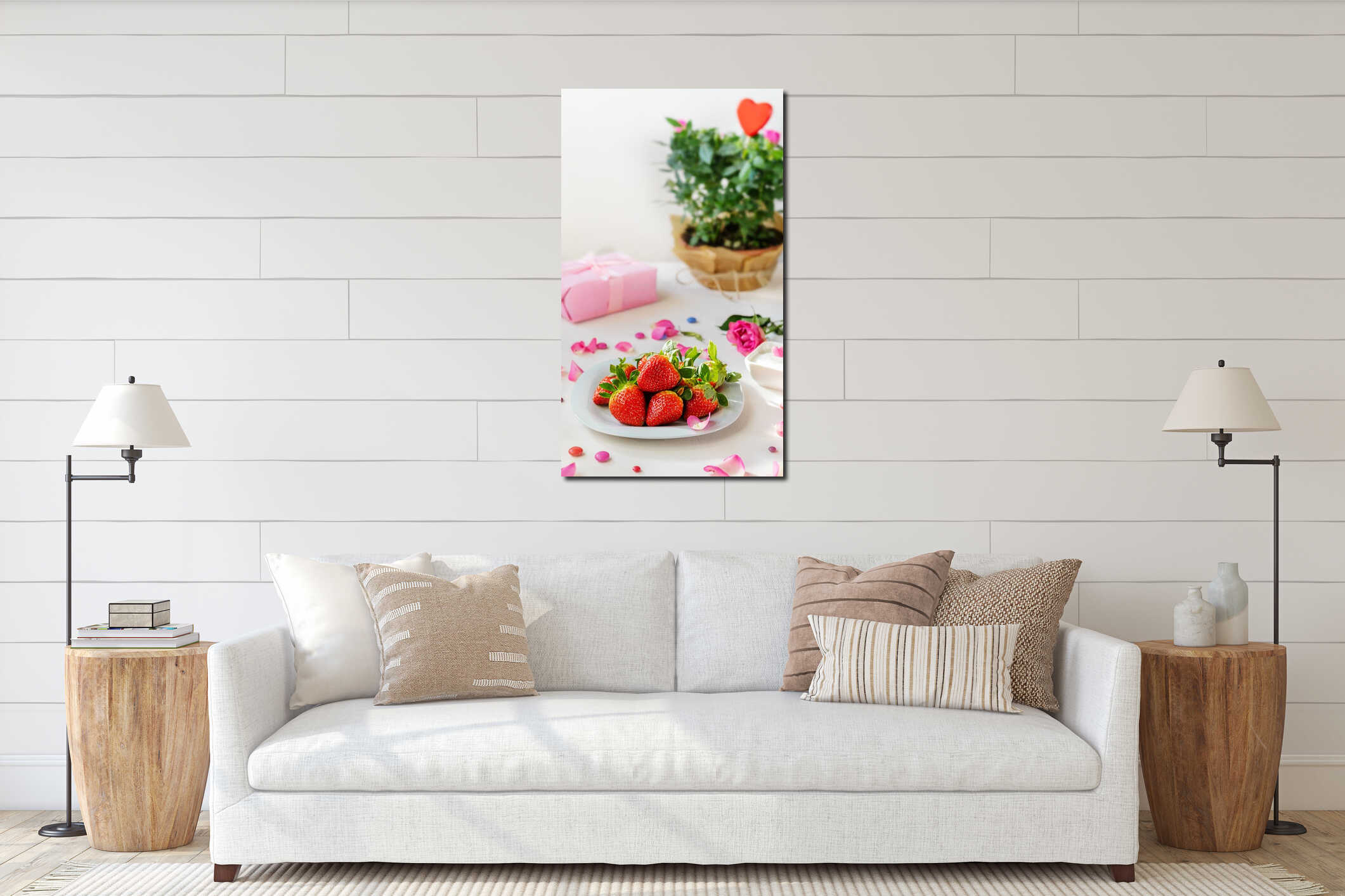 S.Valentine's Day concept. Strawberries on plate, wooden red heart, roses and its petals, gift interior mockup