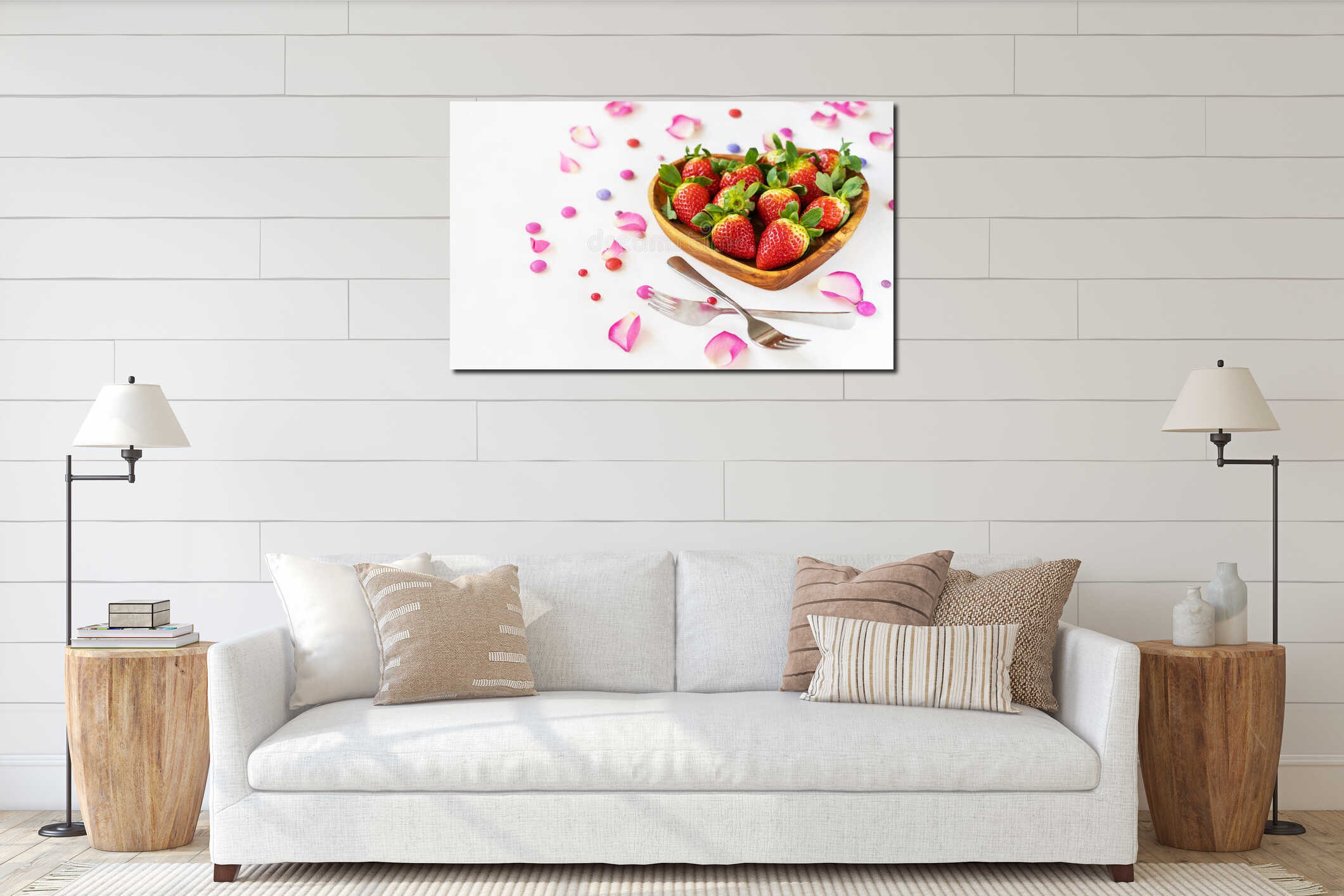 S.Valentine's Day concept. Strawberries in a wooden heart form bowl, rose petals, two forks, copy space. interior mockup