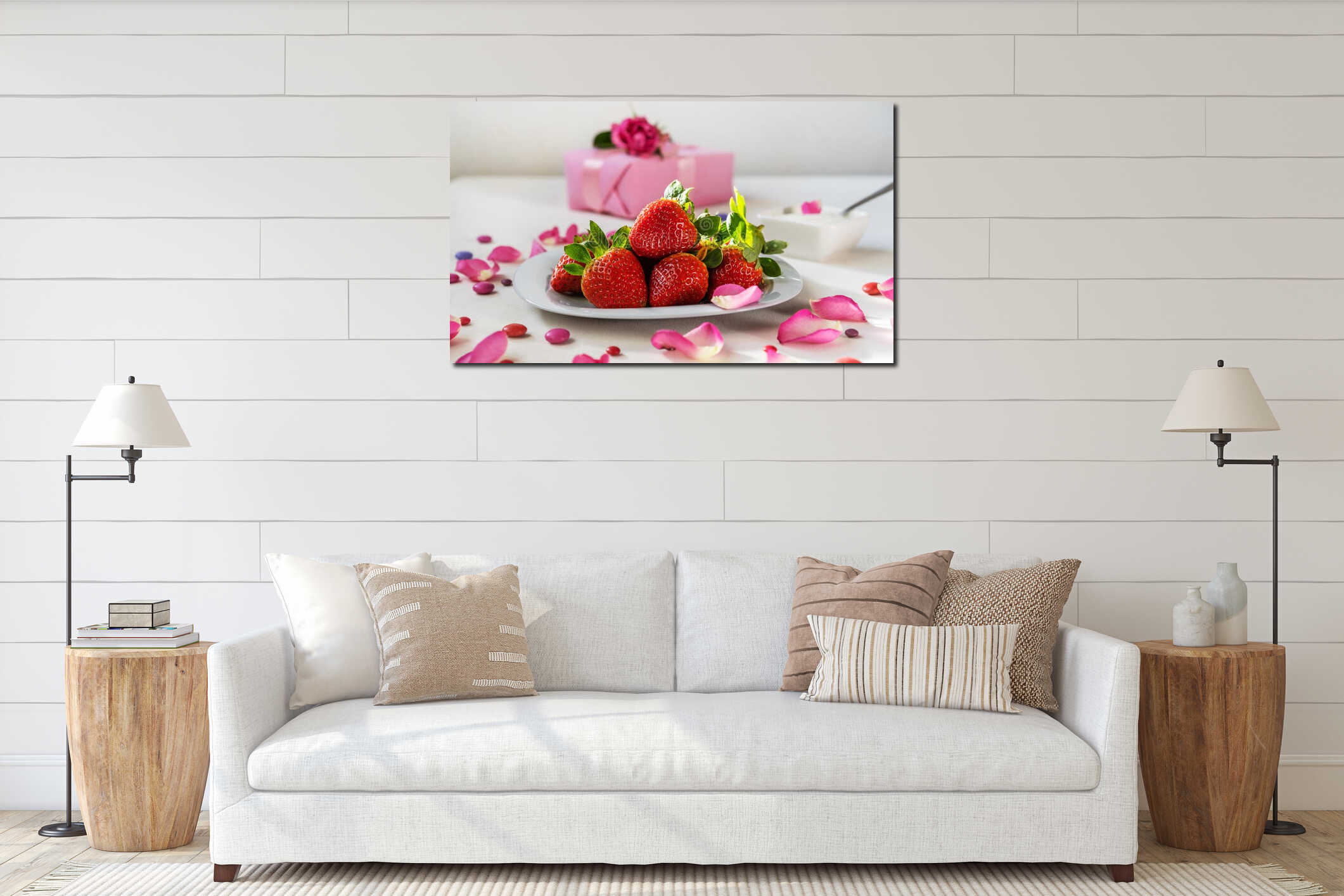S.Valentine's Day and Women Day concept. Strawberries on light grey plate, yogurt, rose petals, gift interior mockup