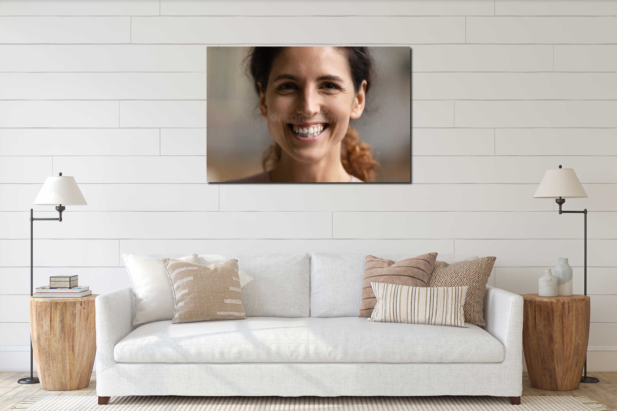 Closeup portrait of young Hispanic woman smiling looking at camera interior mockup
