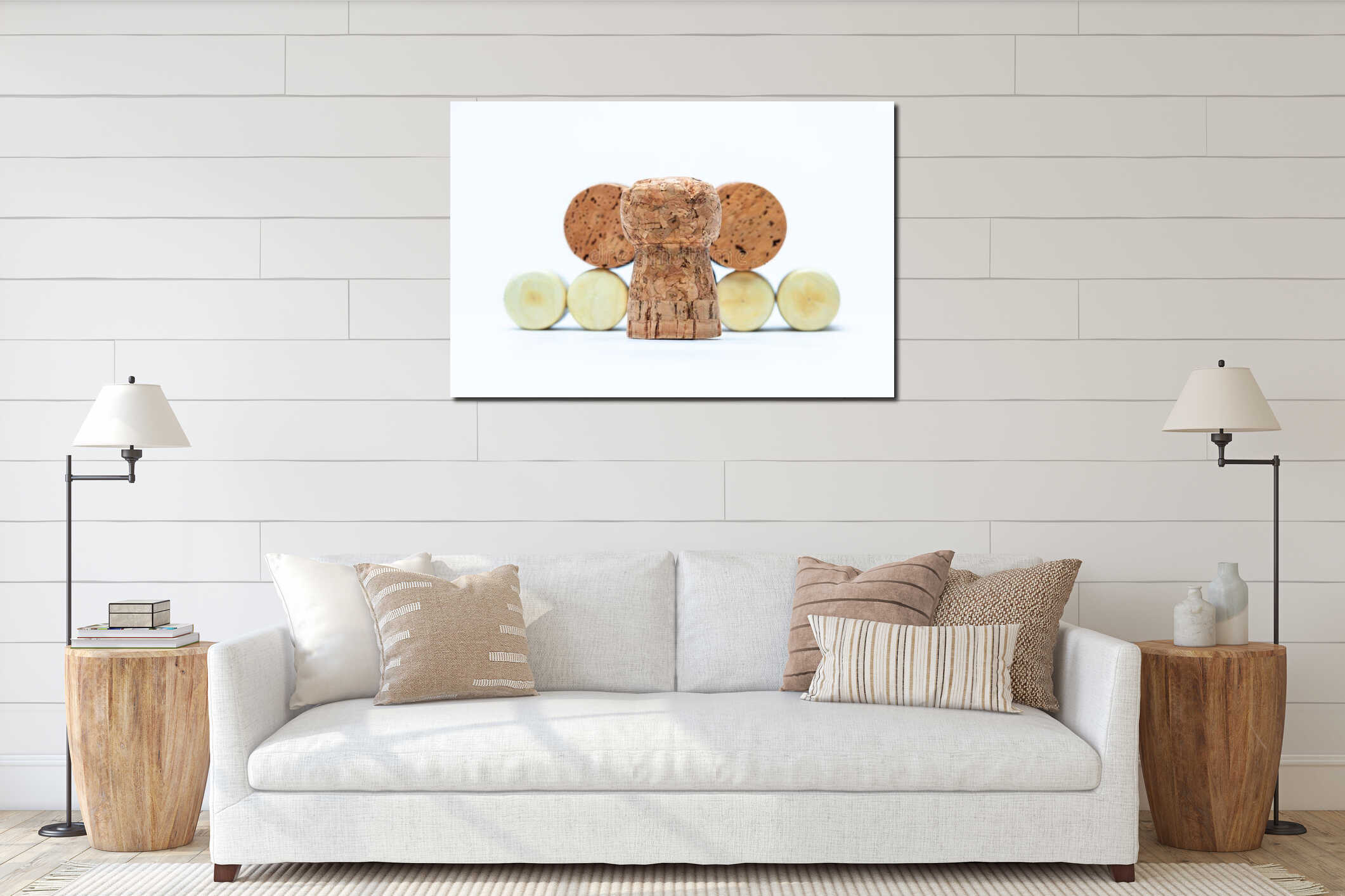 Cork and pyramid made of bottle corks interior mockup