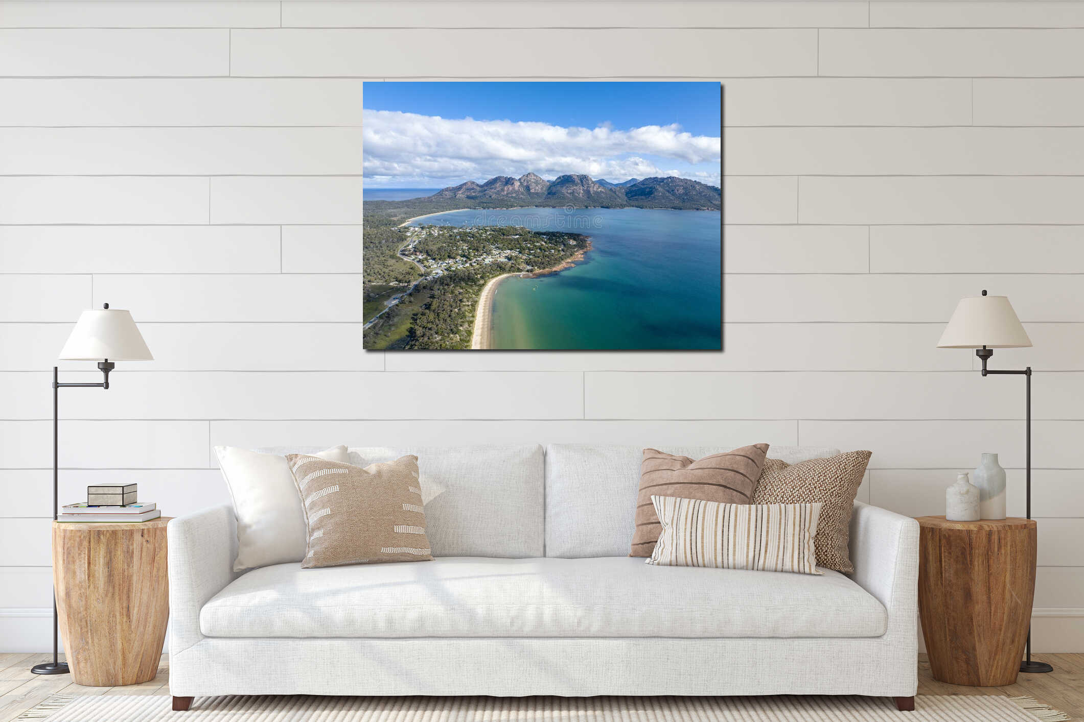 High angle aerial drone view of Coles Bay with Richardsons Beach and Hazards Mountain range interior mockup