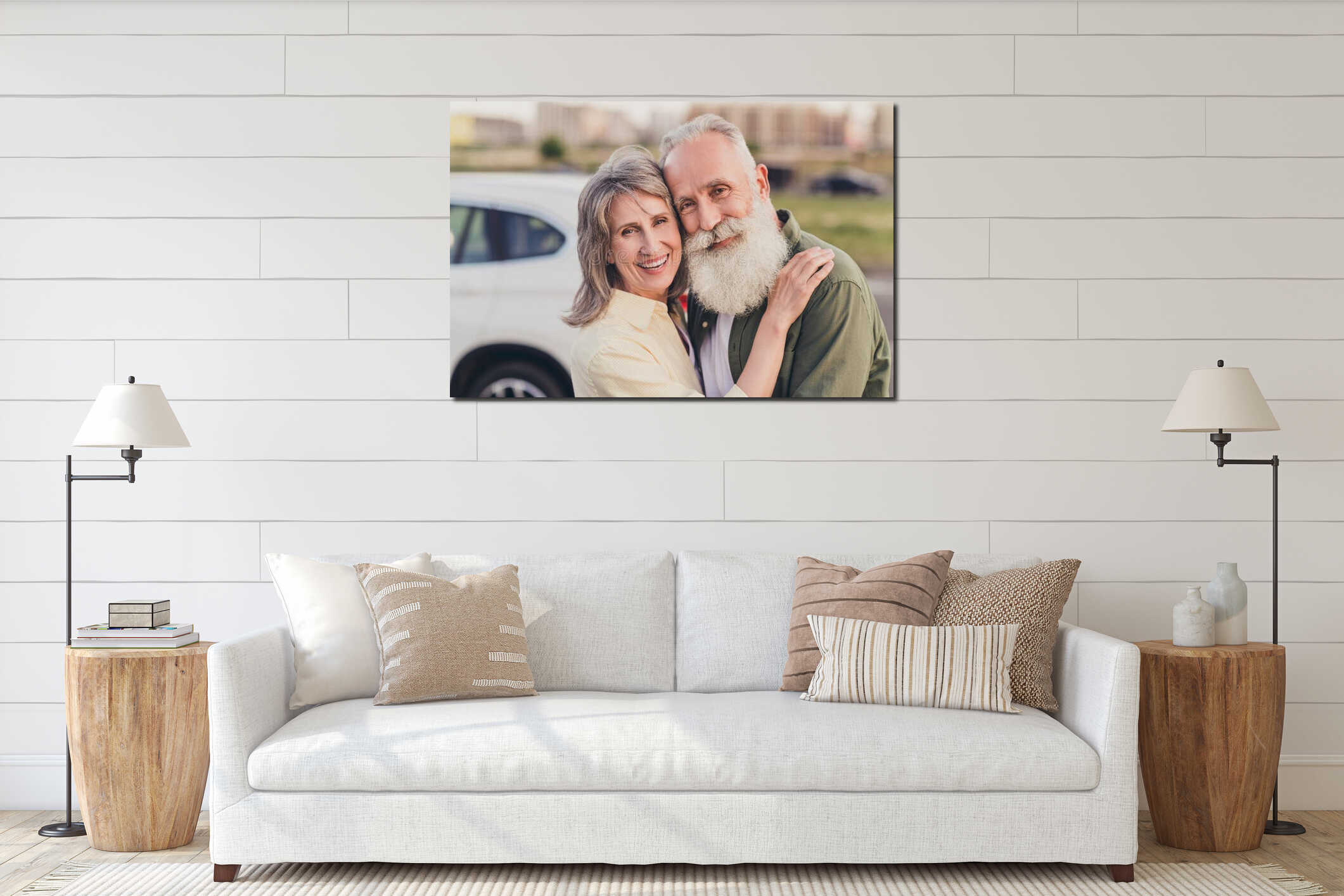 Photo of mature married couple cuddle romantic date urban rent car automobile ride travel weekend outdoors interior mockup