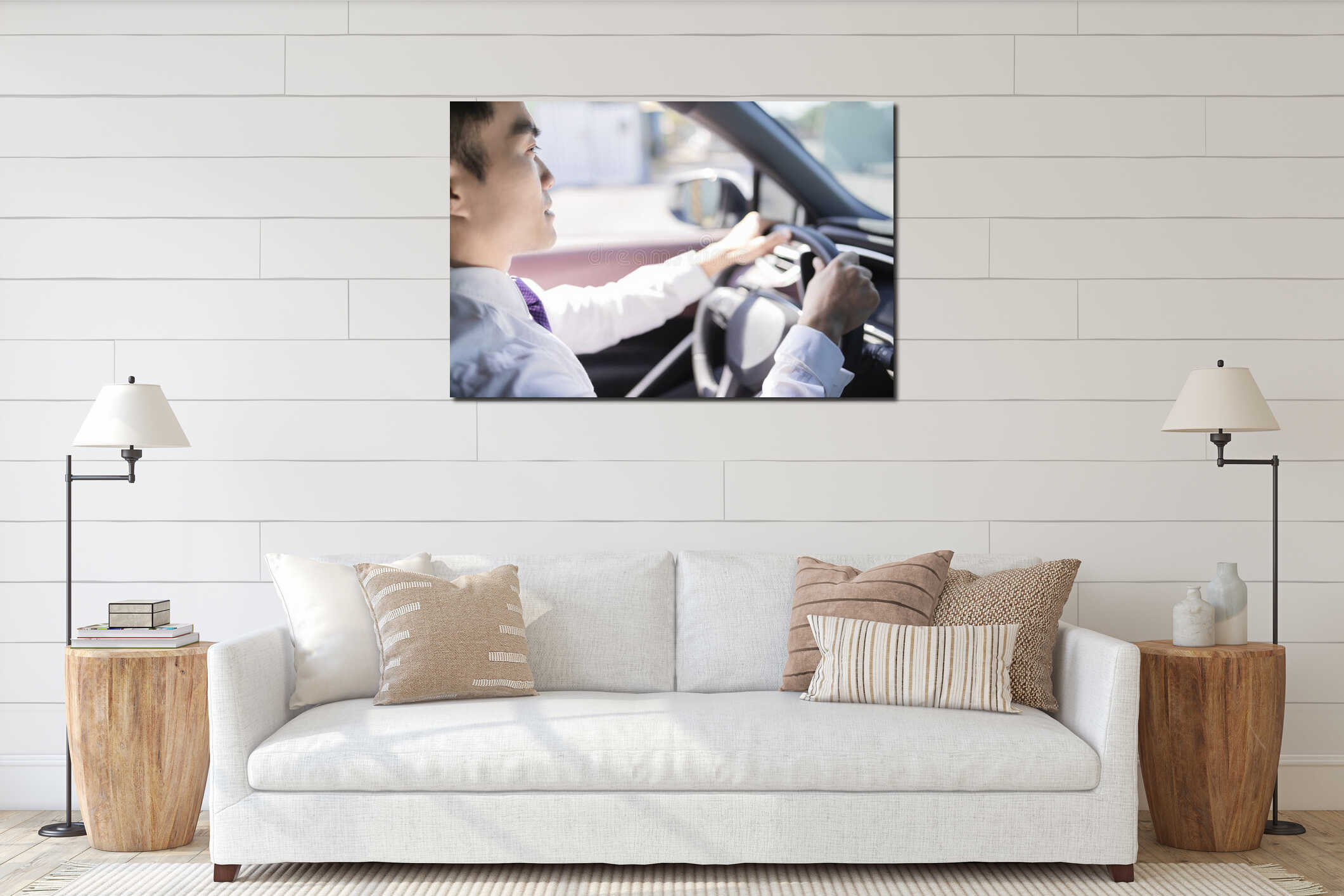 Rear view of Handsome young man driving the car interior mockup