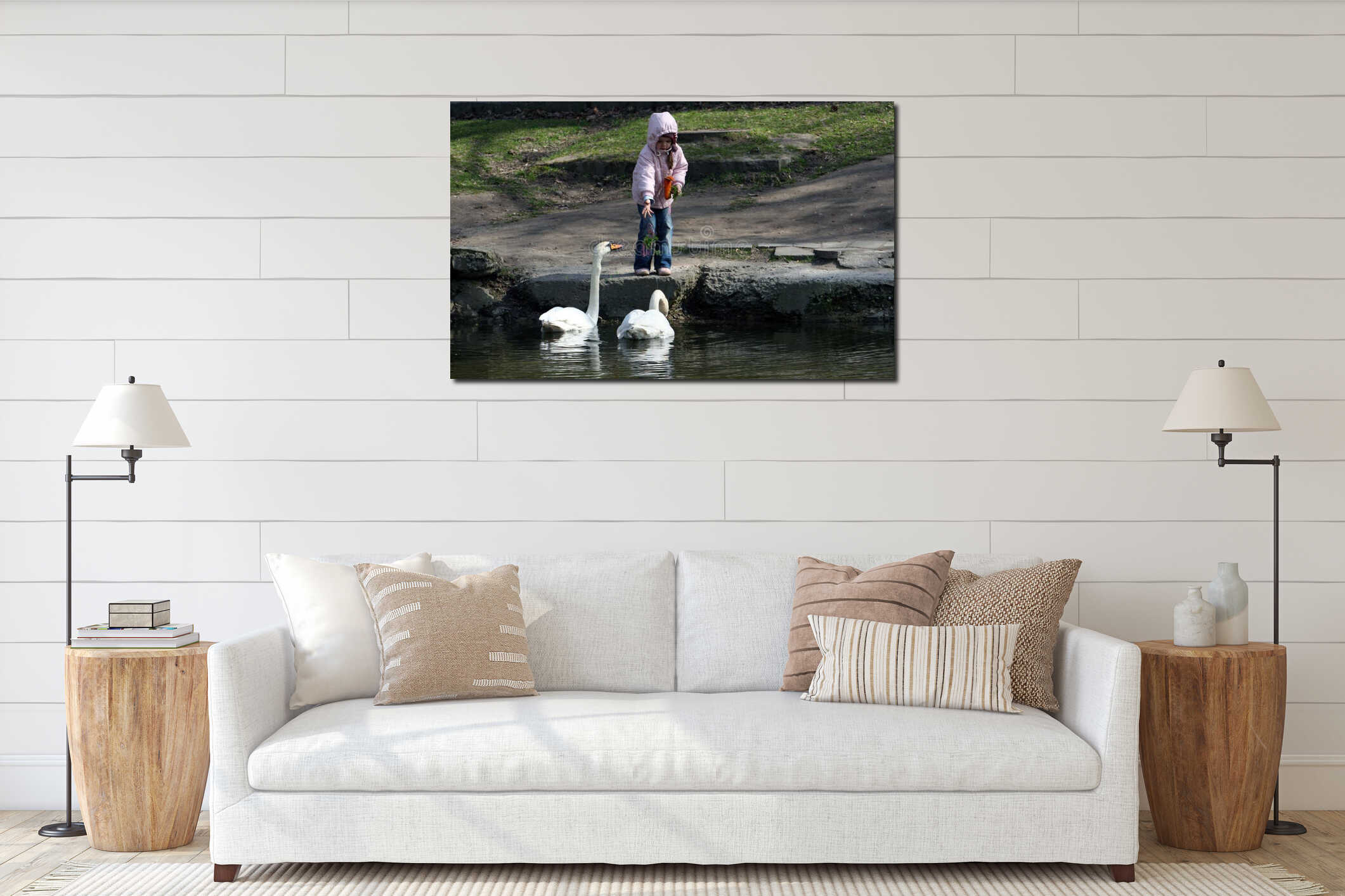 Young girl feeding geese interior mockup