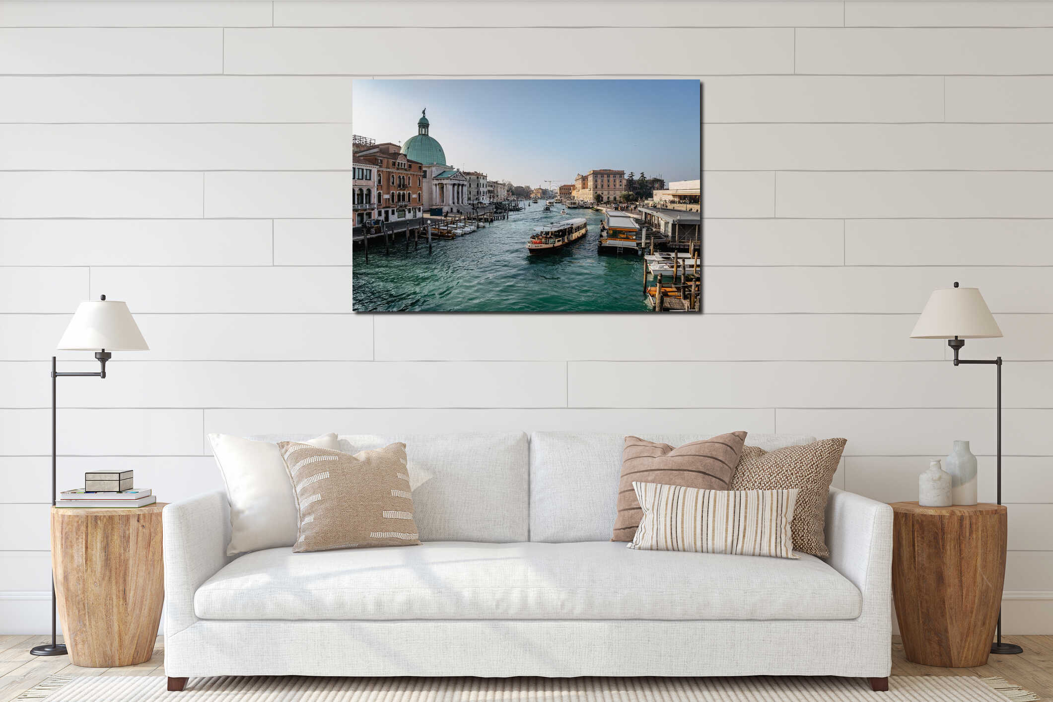 Venice,Italy-January 28,2022.View of Grand Canal with vaporetto,Venetian public waterbus carrying passengers,small boats and interior mockup