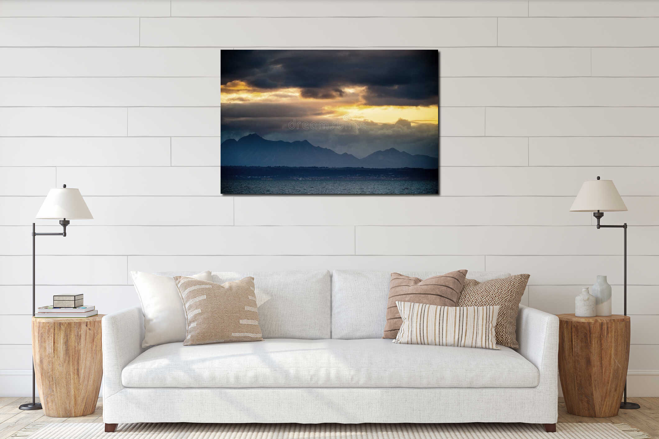 Seascape. Clouds, red sunrise sky, Mossel bay. South Africa interior mockup