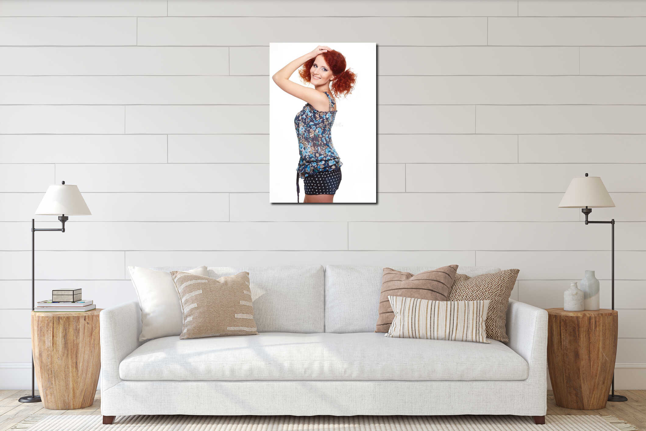 Smiling redhead ginger woman in summer dress interior mockup