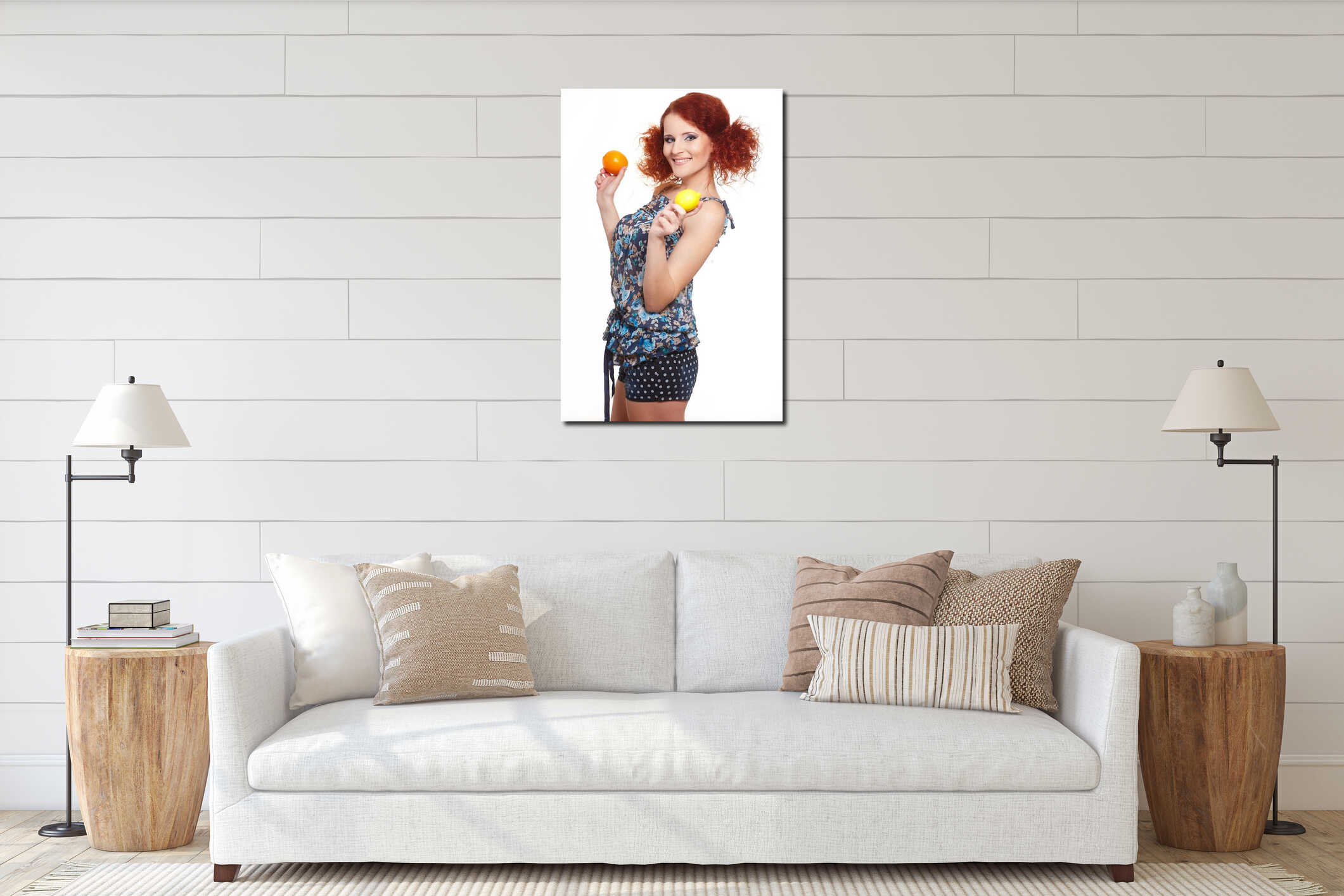 Smiling redhead ginger woman in summer dress interior mockup