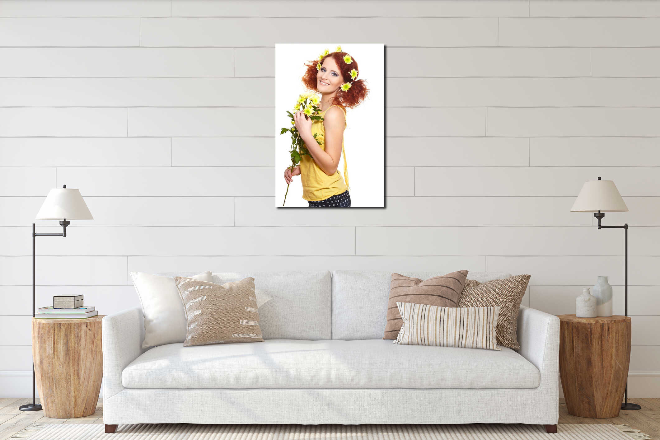 Bautiful smiling redhead ginger woman interior mockup