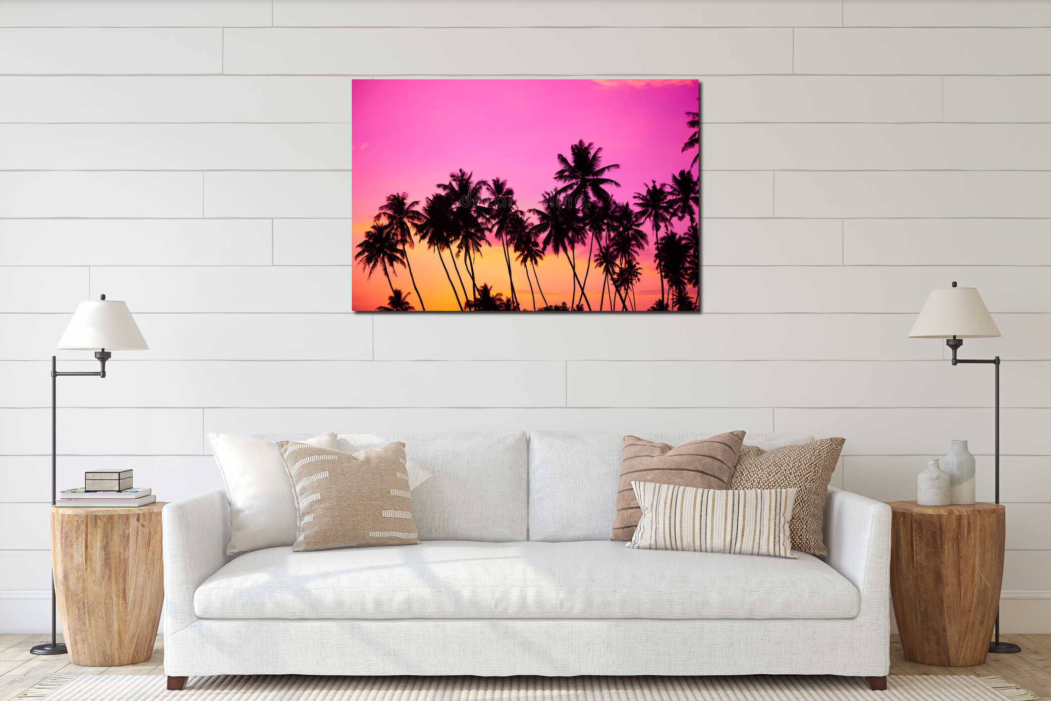 Tropical coconut palm trees silhouettes interior mockup