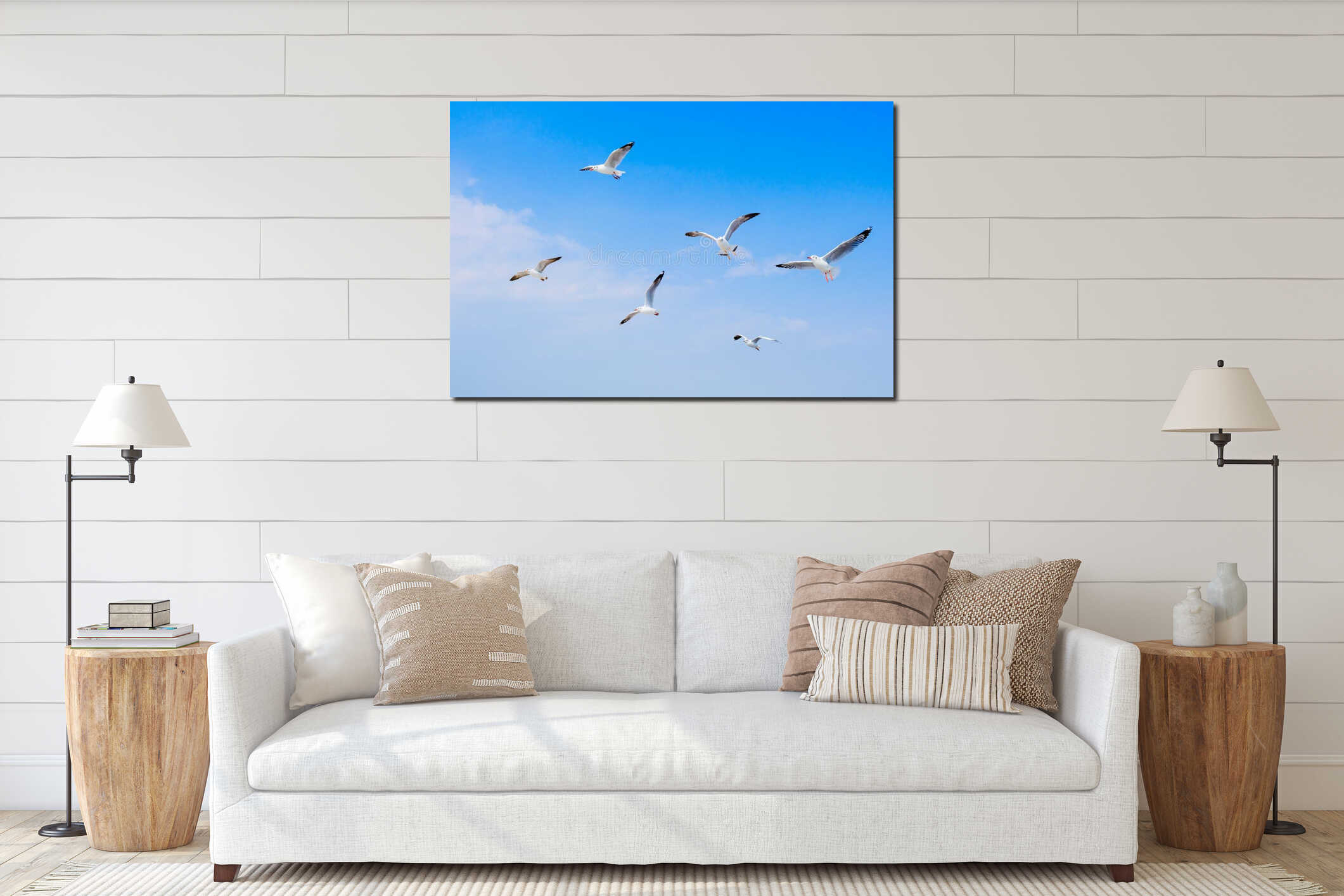 Seagull birds flying together over blue sky interior mockup