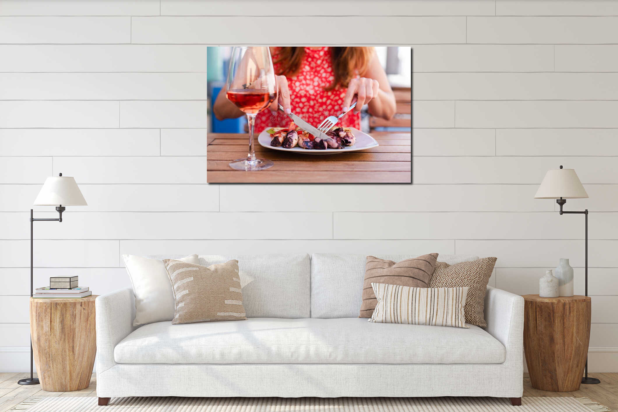 Young girl enjoying seafood dinner and drinking wine in the summer cafe on the terrace. Eating out, lifestyle and travelling interior mockup