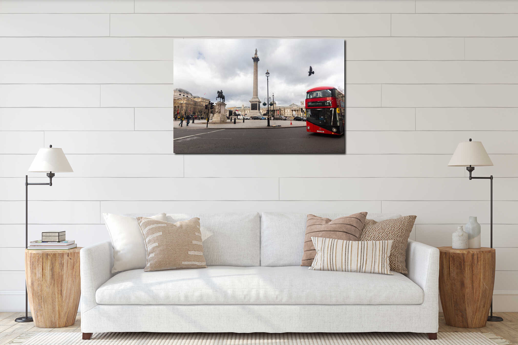 London red bus crossing near Trafalgar square interior mockup