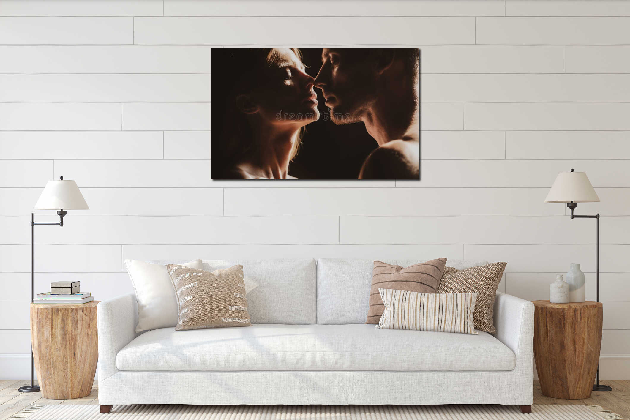 Romantic night date. Close up face of sensual portrait of a sexy couple embracing while dating. Young couple in love on interior mockup