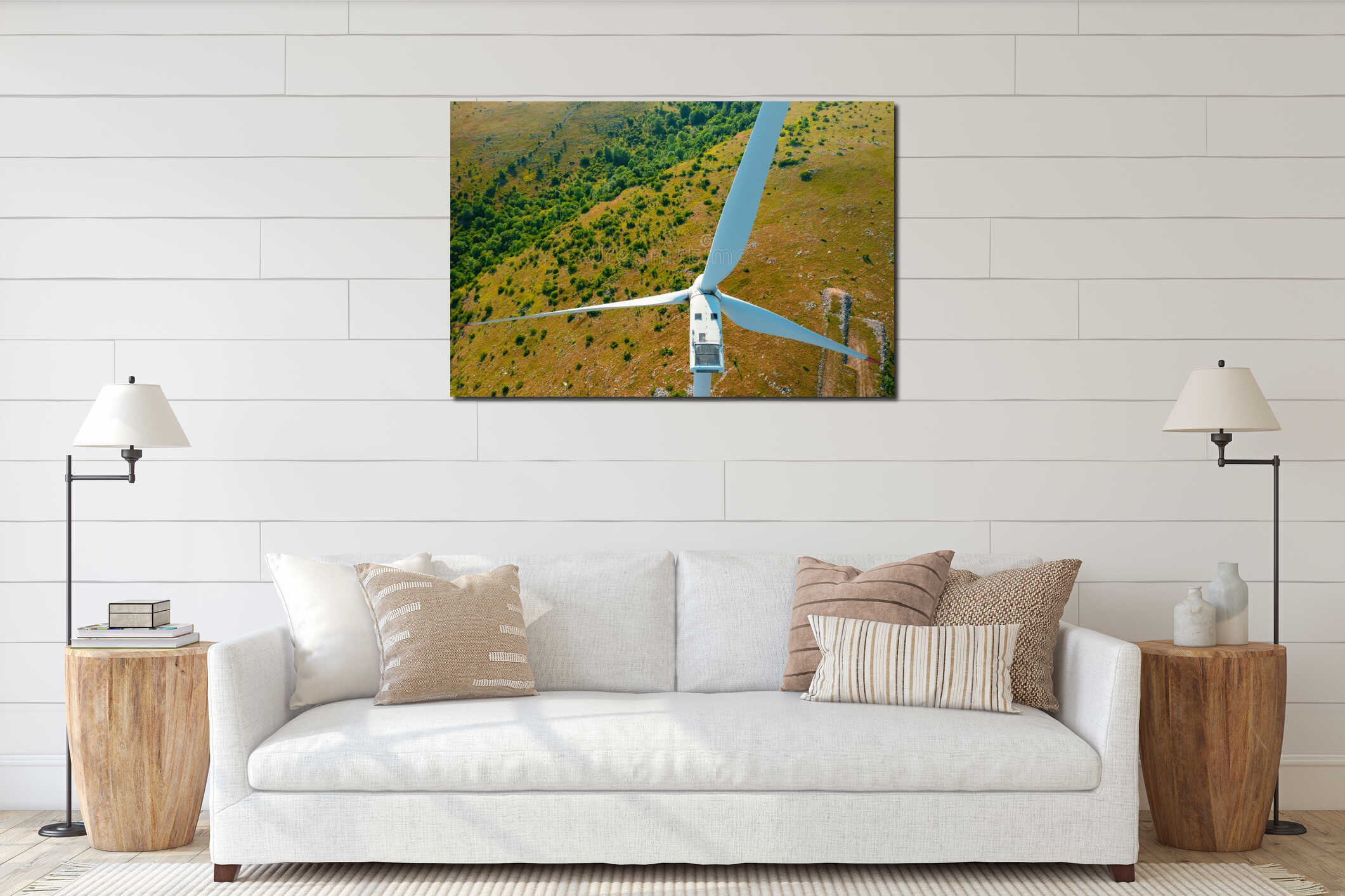 Wind turbine with large propeller generates electricity interior mockup