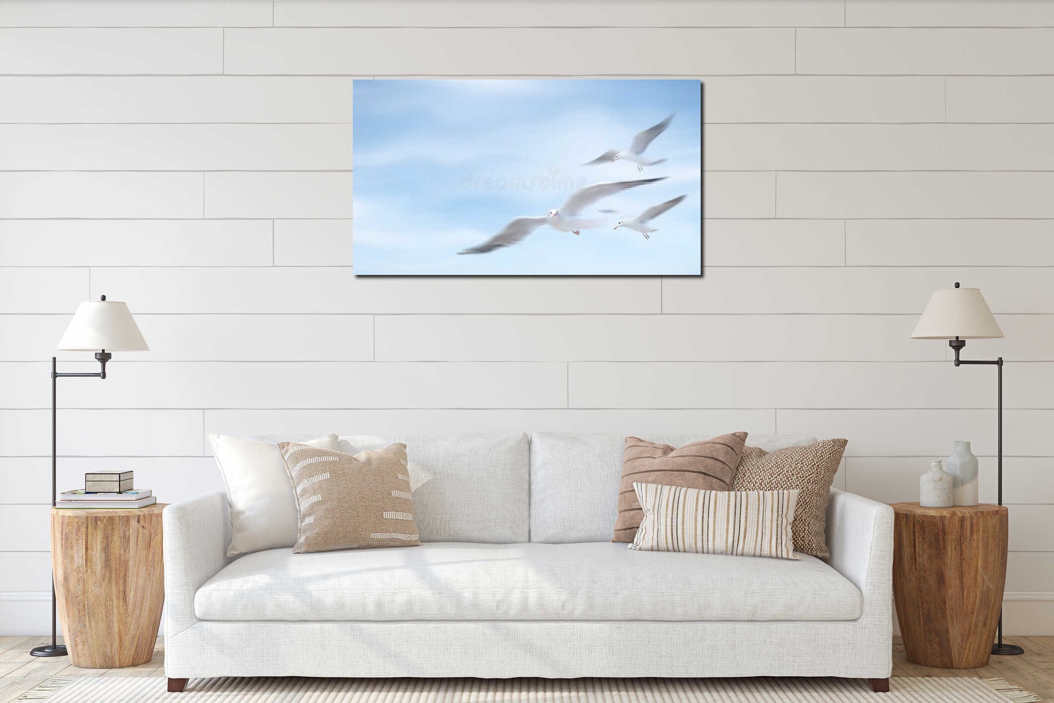 Flock of seagull birds flying together over blue sky interior mockup