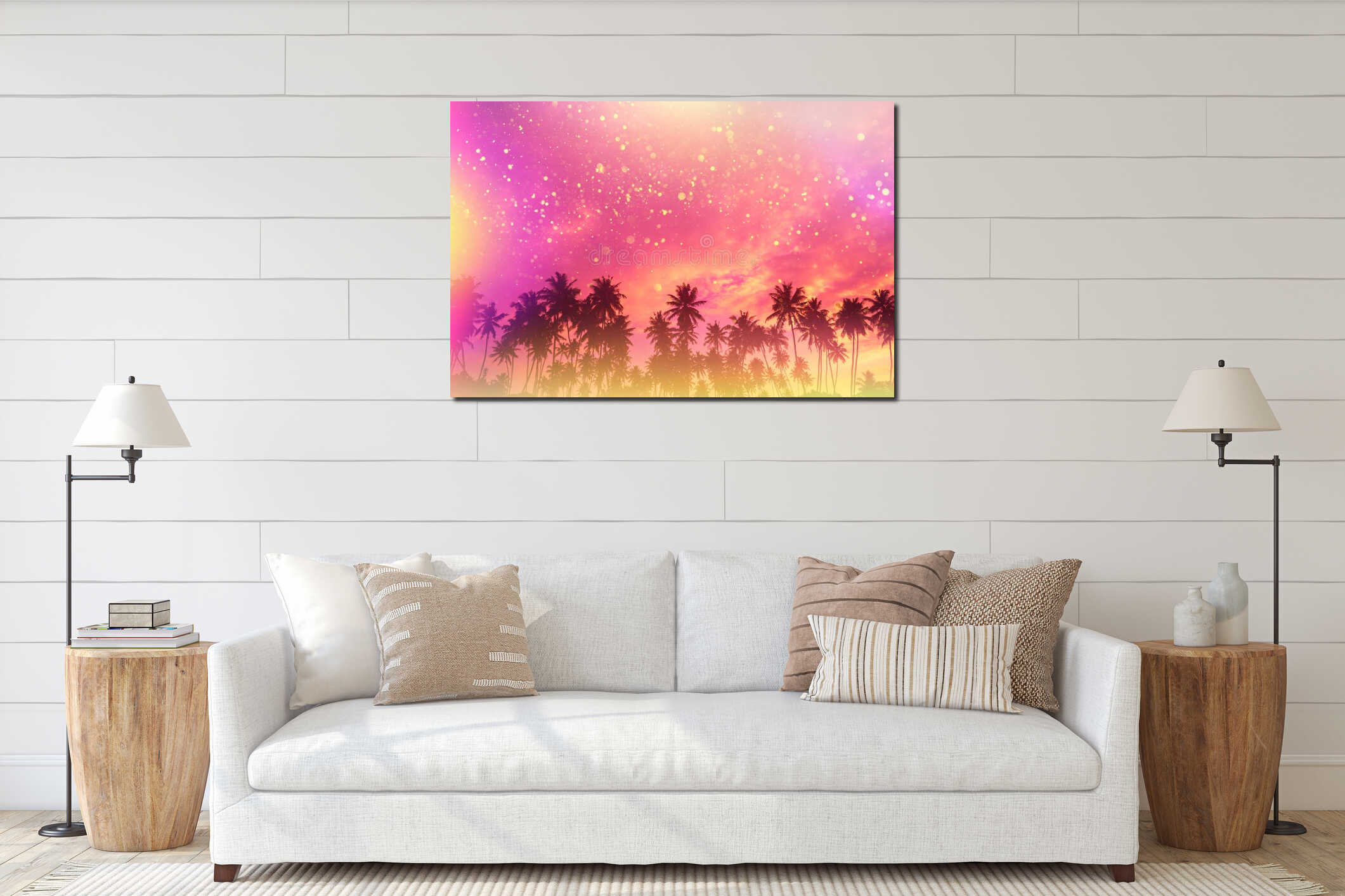 Tropical beach palm trees at sunset silhouettes fairy tale party stylized with colorful light leaks interior mockup