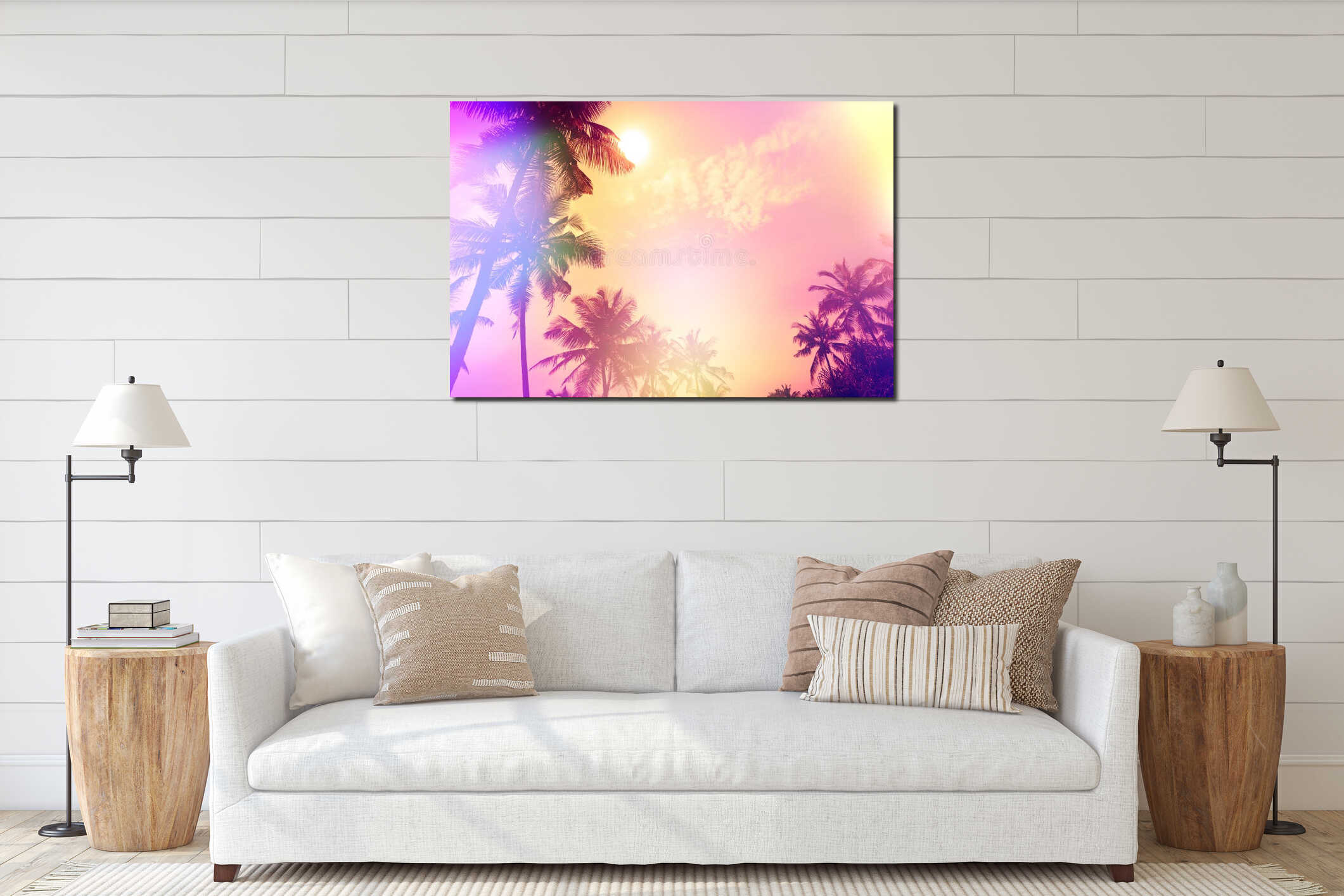 Palm sunset silhouettes tropical beach party stylized interior mockup