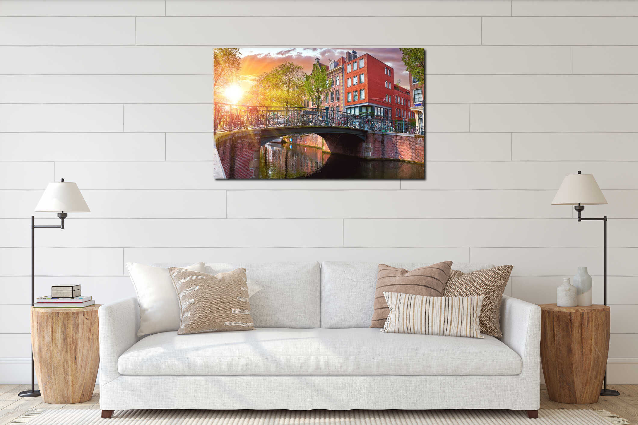 Bridge over channel in Amsterdam Netherlands houses river Amstel interior mockup