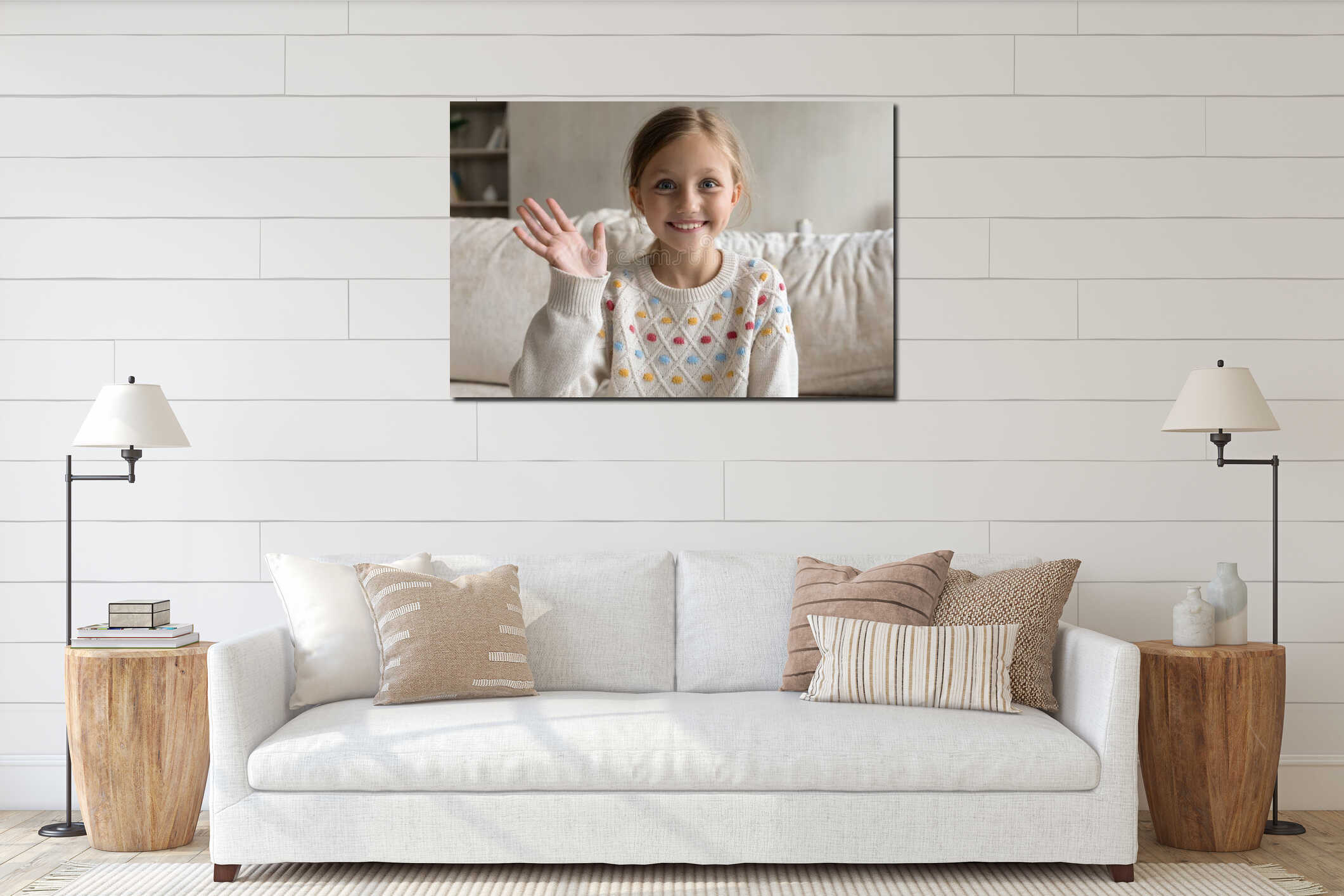 Happy joyful little gen Z school girl waving hand hello interior mockup