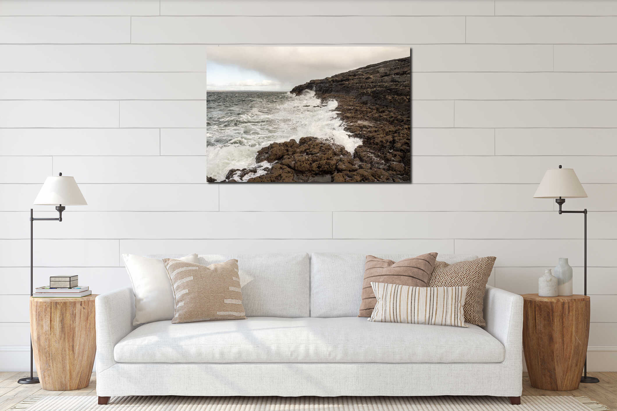 Powerful ocean wave hit rough stone coast creating splash of water. West coast of Ireland. Burren area. Irish landscape interior mockup