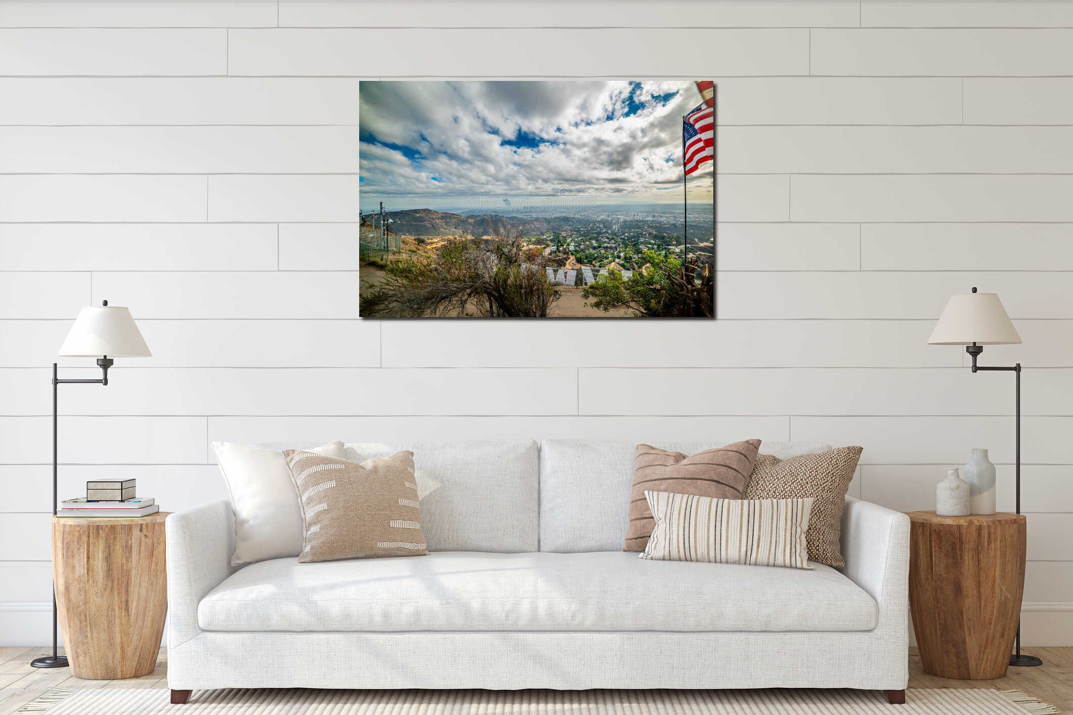 Cloudy sky over world famous Hollywood Sign with Los Angeles on the background interior mockup