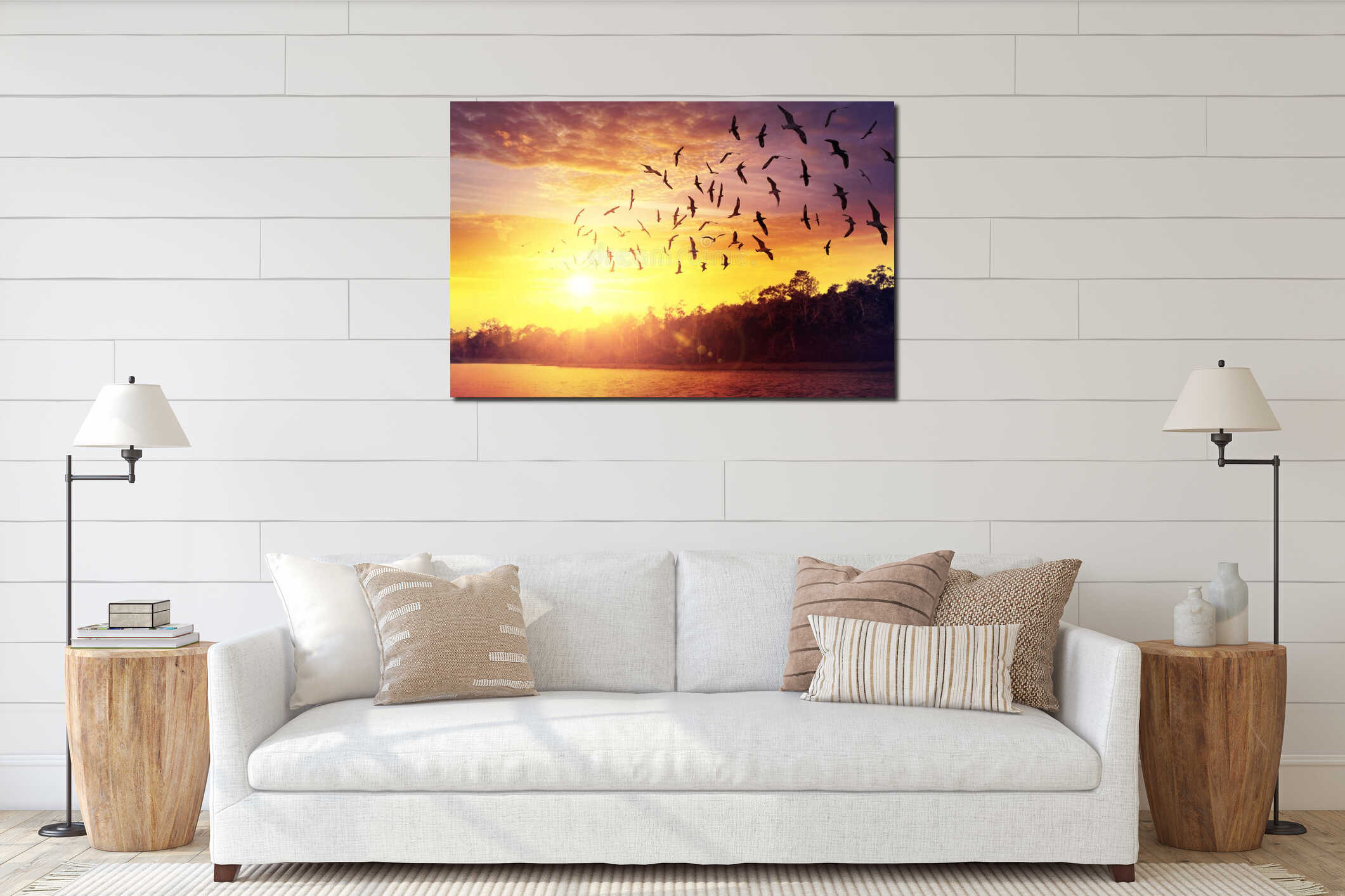Birds silhouettes flying at sunset sky interior mockup