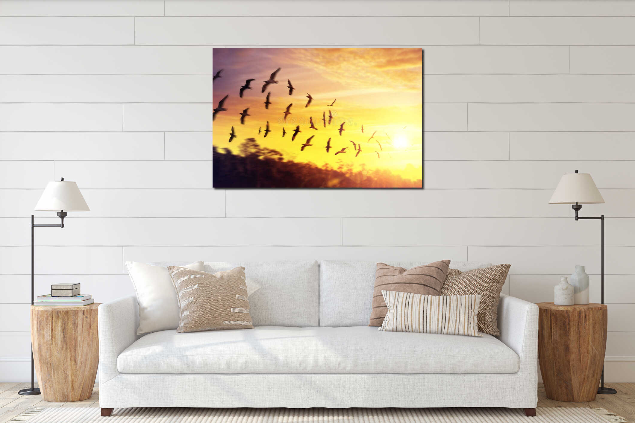 Birds silhouettes flying at sunset sky interior mockup