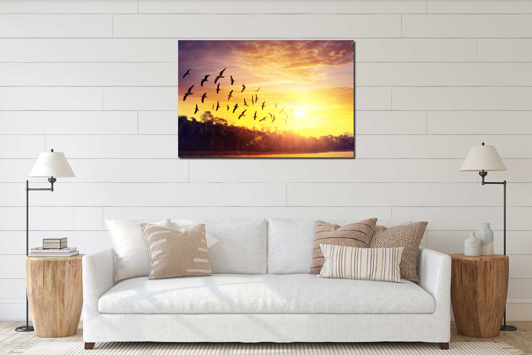 Birds silhouettes flying at sunset sky interior mockup