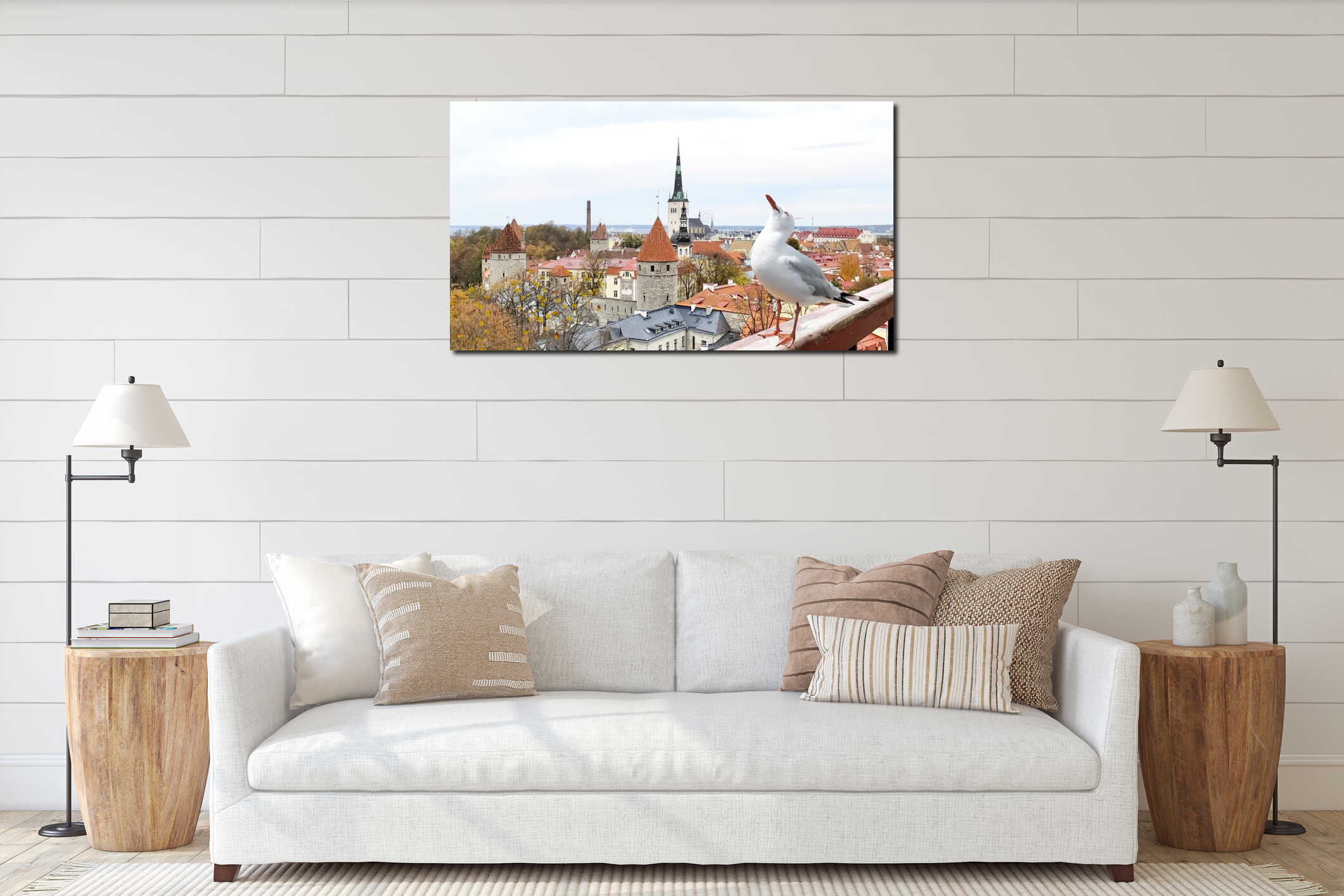 City panorama Tallinn old town view from balcony on front seagull bird medieval house red ruffles travel to Estonia Europe interior mockup