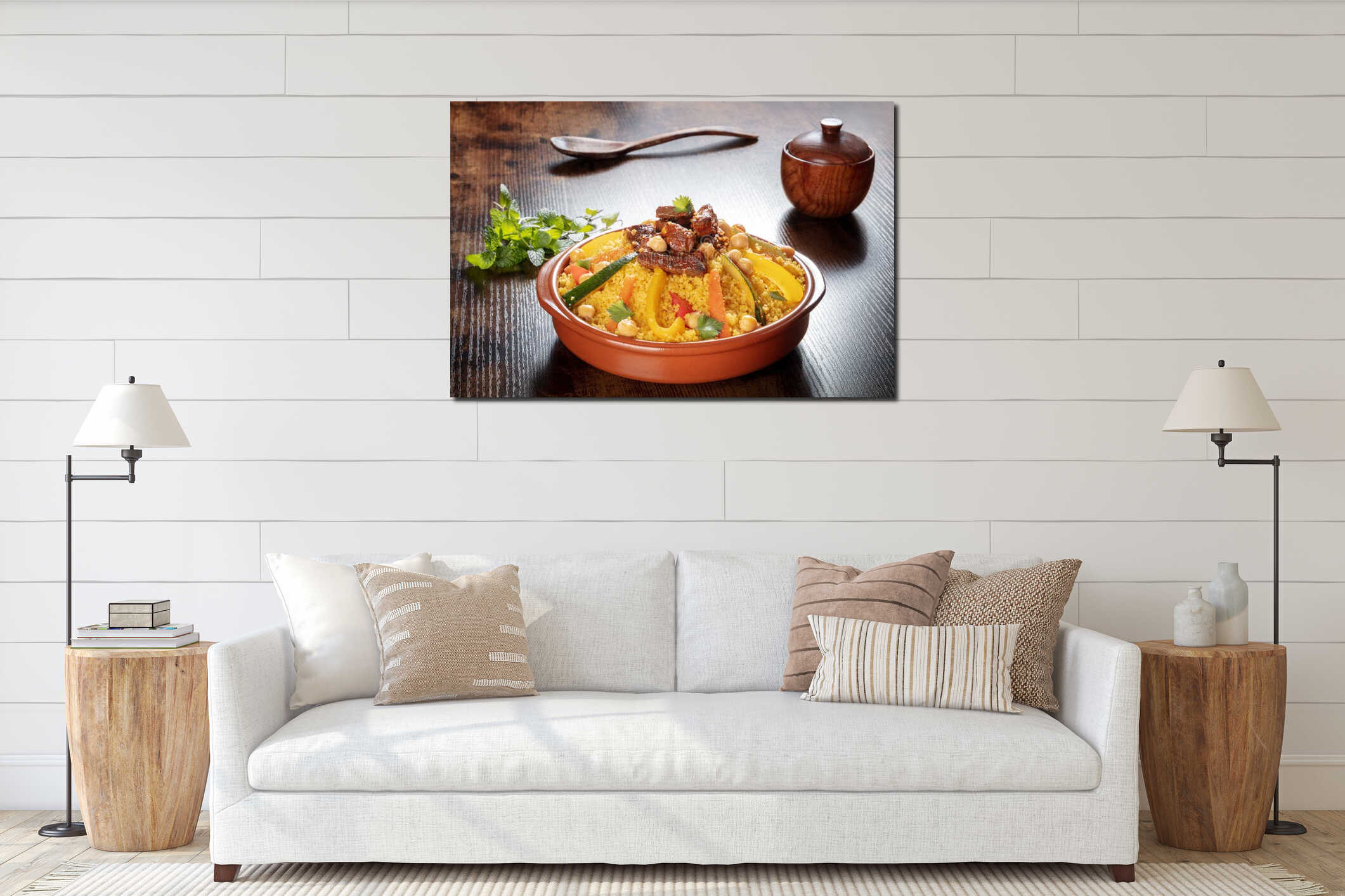 Meat and vegetable couscous, traditional Moroccan food, with fresh herbs interior mockup
