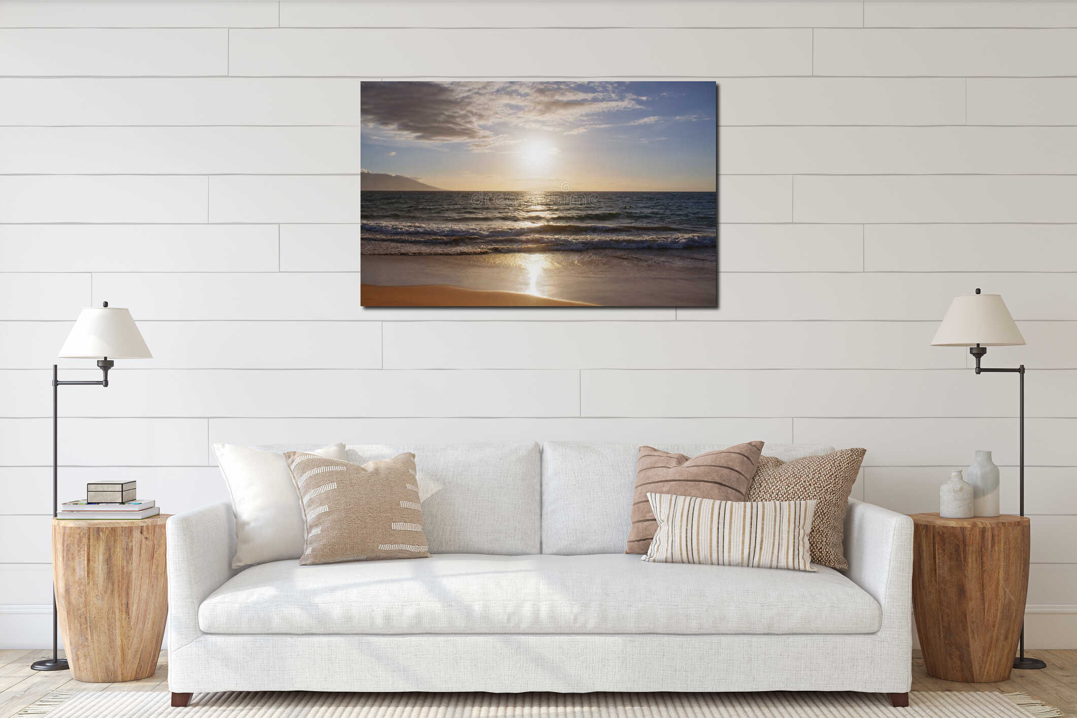 Idyllic sunset scene beach in Thailand. Tropical blue sea and a sand beach background. interior mockup
