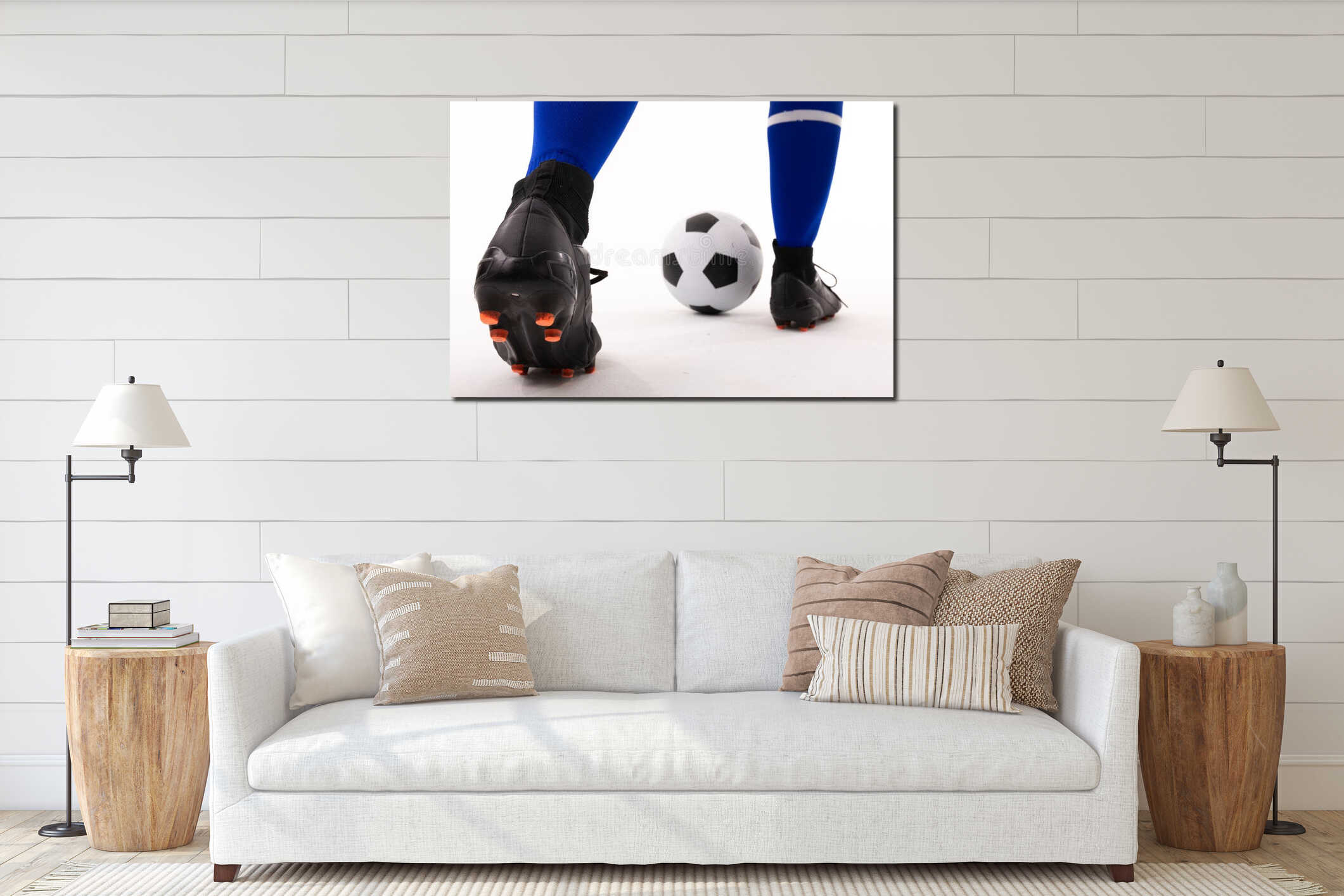 Low section of biracial young female player playing soccer against white background interior mockup