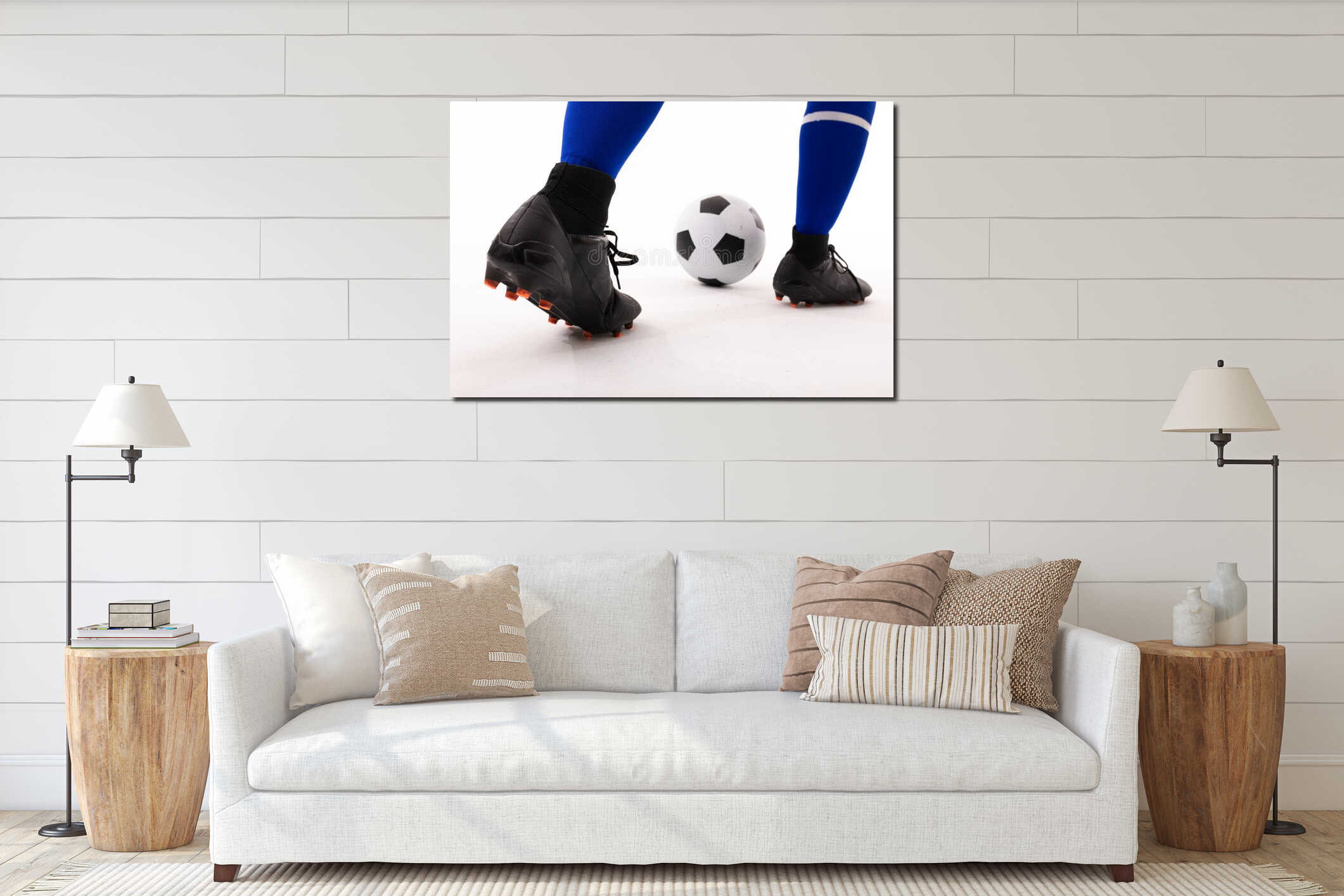 Close-up low section of biracial female soccer player playing soccer on white background interior mockup