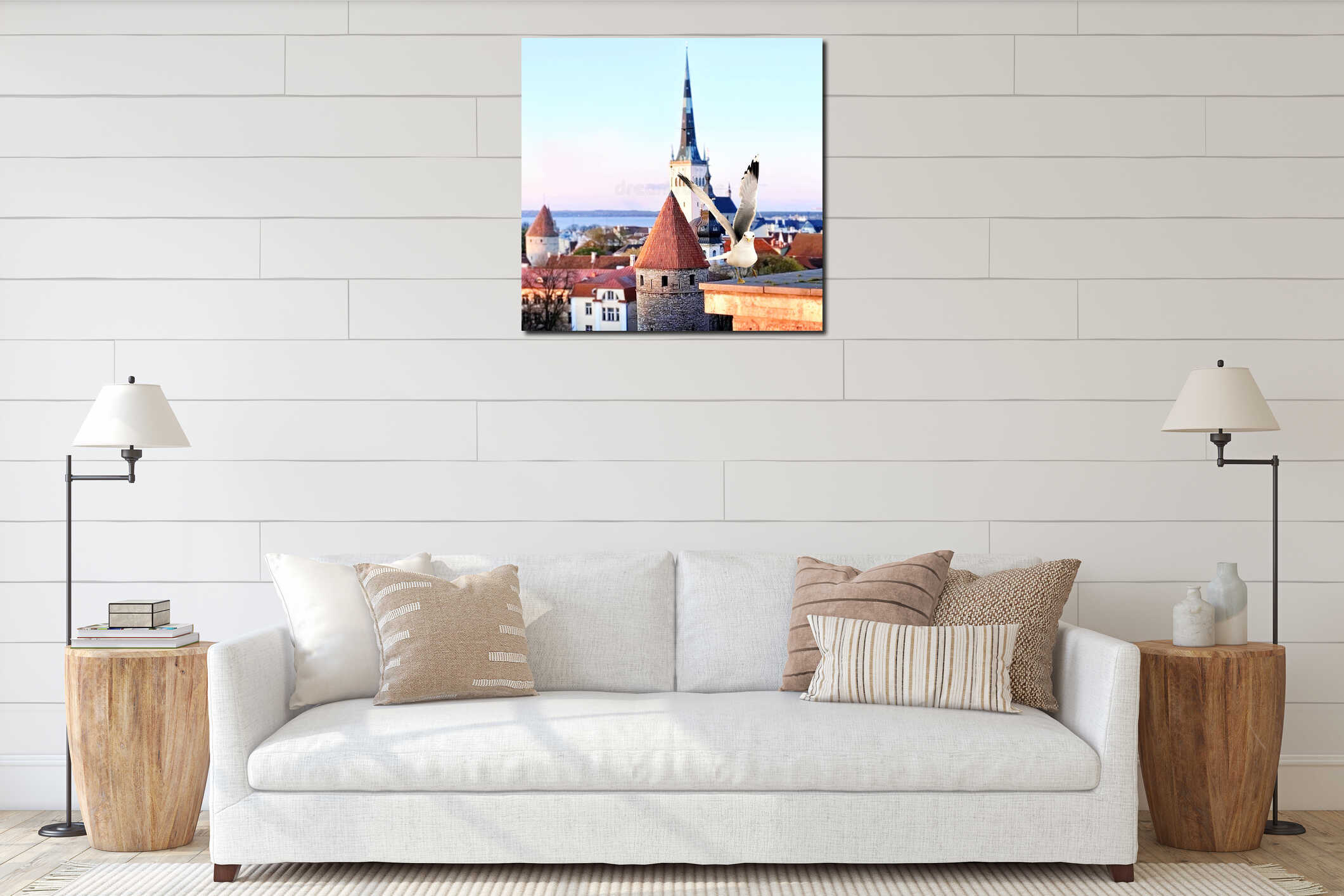 Panorama  Tallinn old town roof and seagull on front panorama on sunset  moon on sky and birds fly  travel to Estonia sun down bir interior mockup