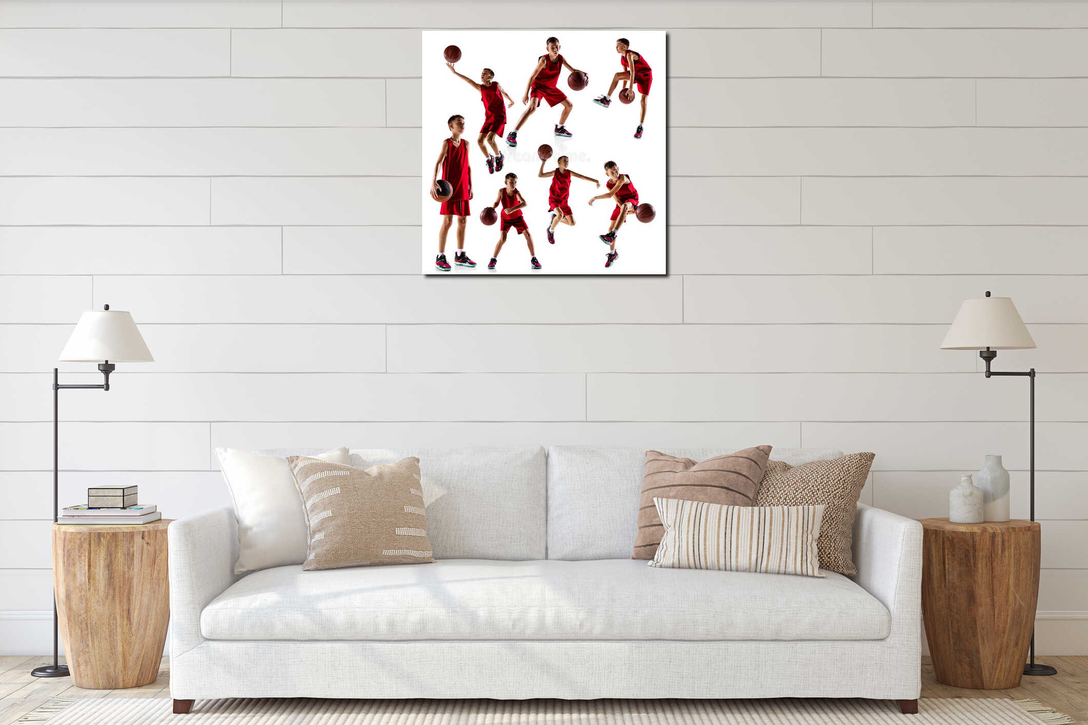Collage of portrait of teen boy, basketball player in red uniform playing, training isolated over white background interior mockup