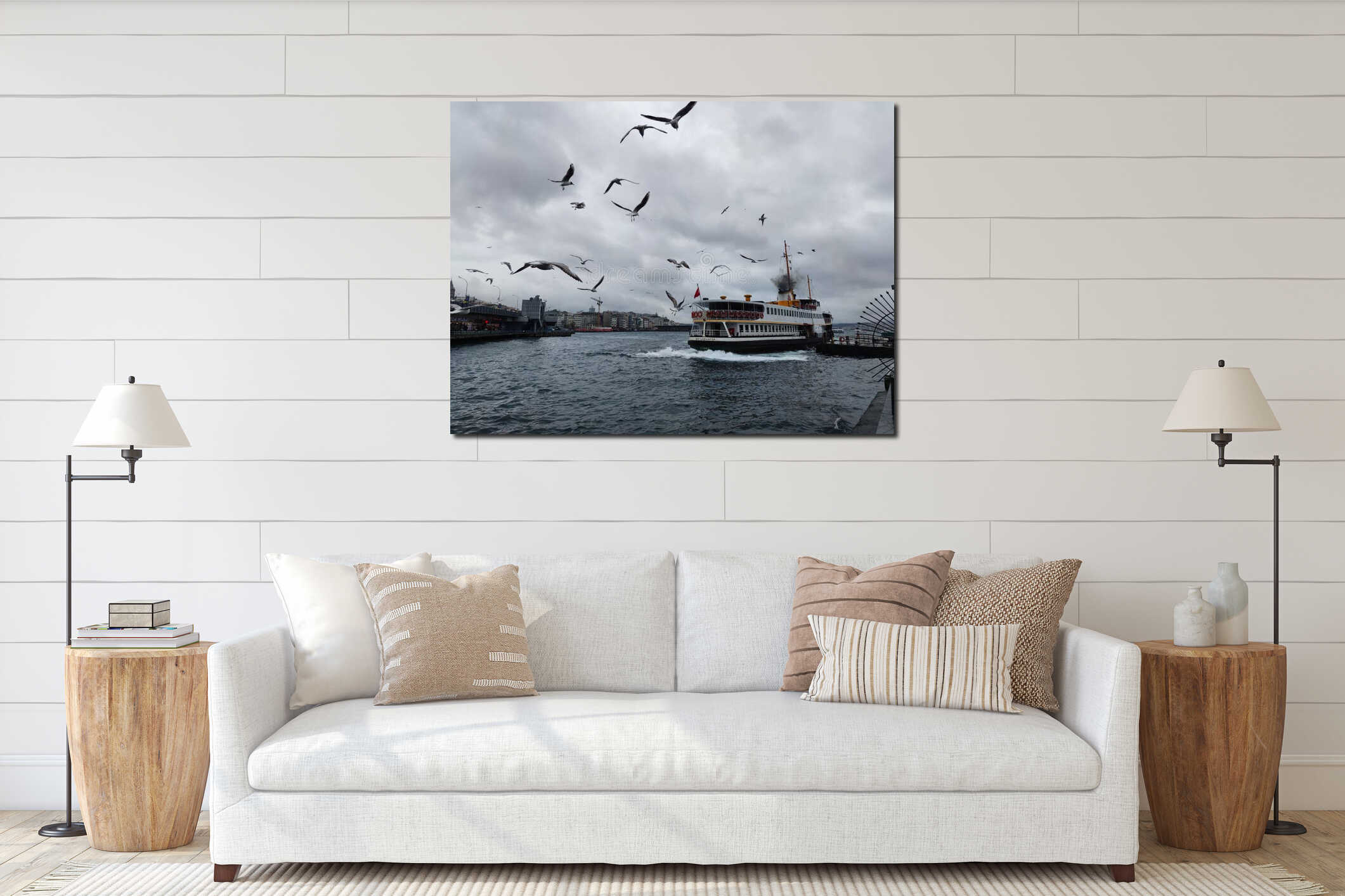 A view to Istanbul Turkiye, Boat and EmÃÂ±nonu station and seagulls interior mockup