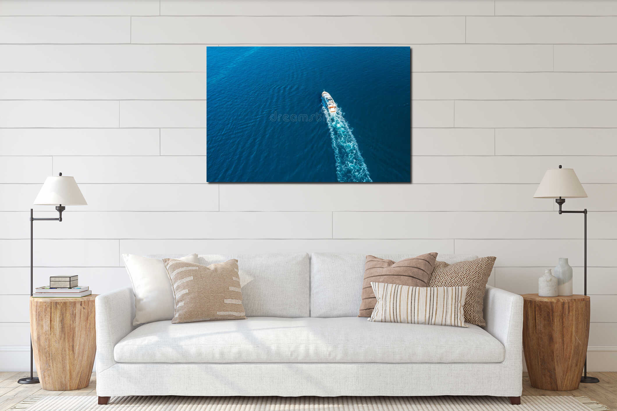 Yacht sails on Adriatic sea leaving white sea foam trace interior mockup