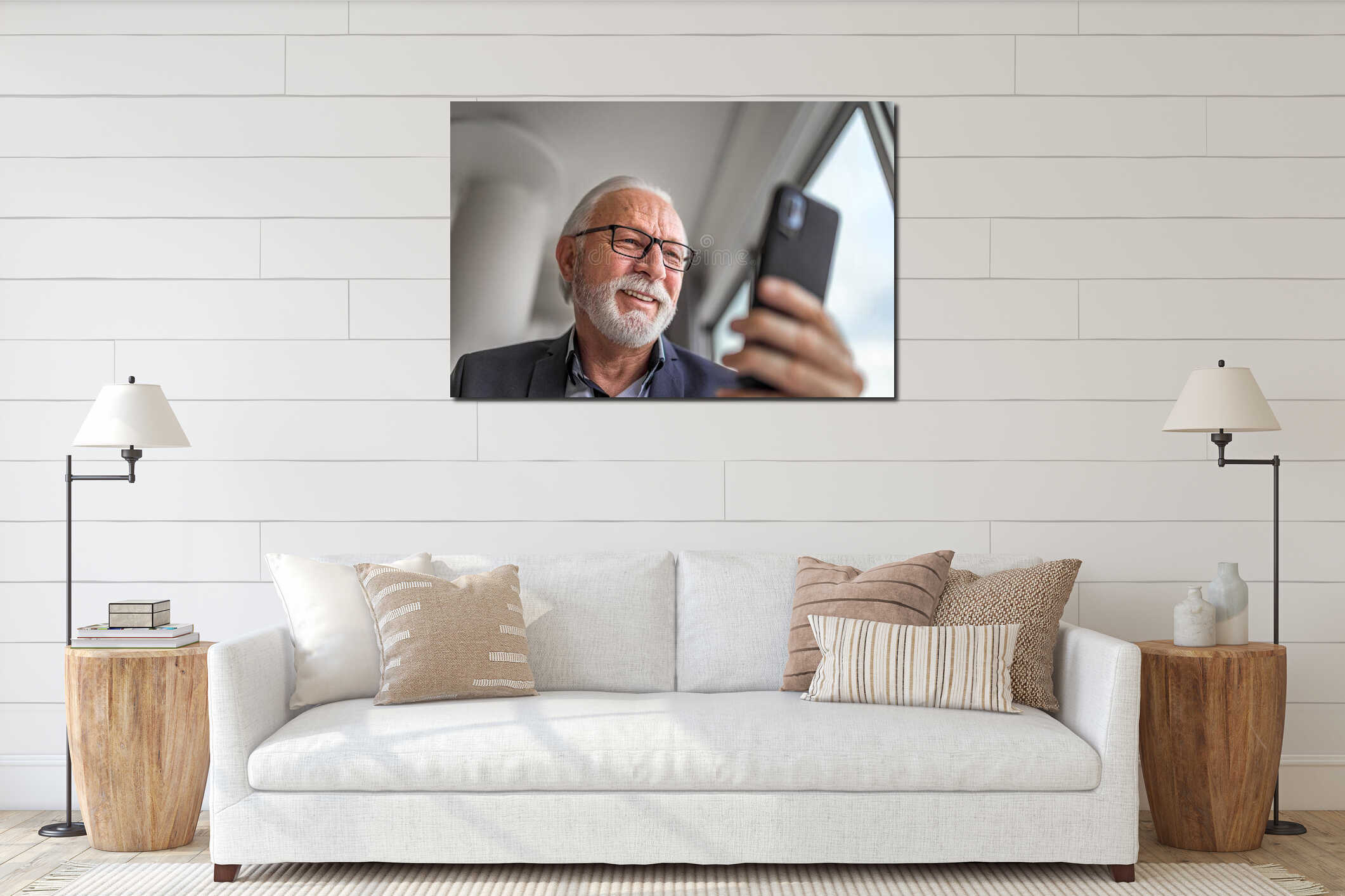 Low angle close up portrait of senior businessman entrepreneur manager checking using mobile phone smartphone in modern bright interior mockup