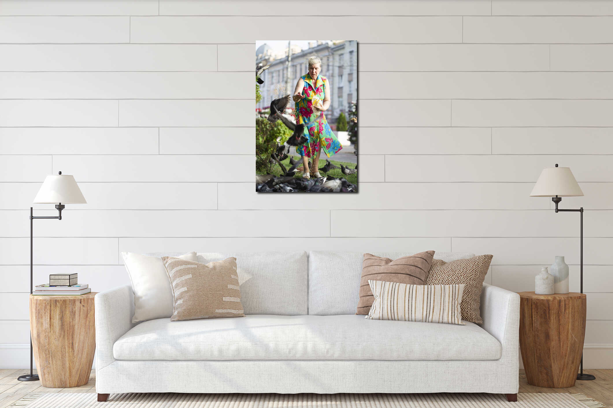 An elderly woman feeds pigeons interior mockup