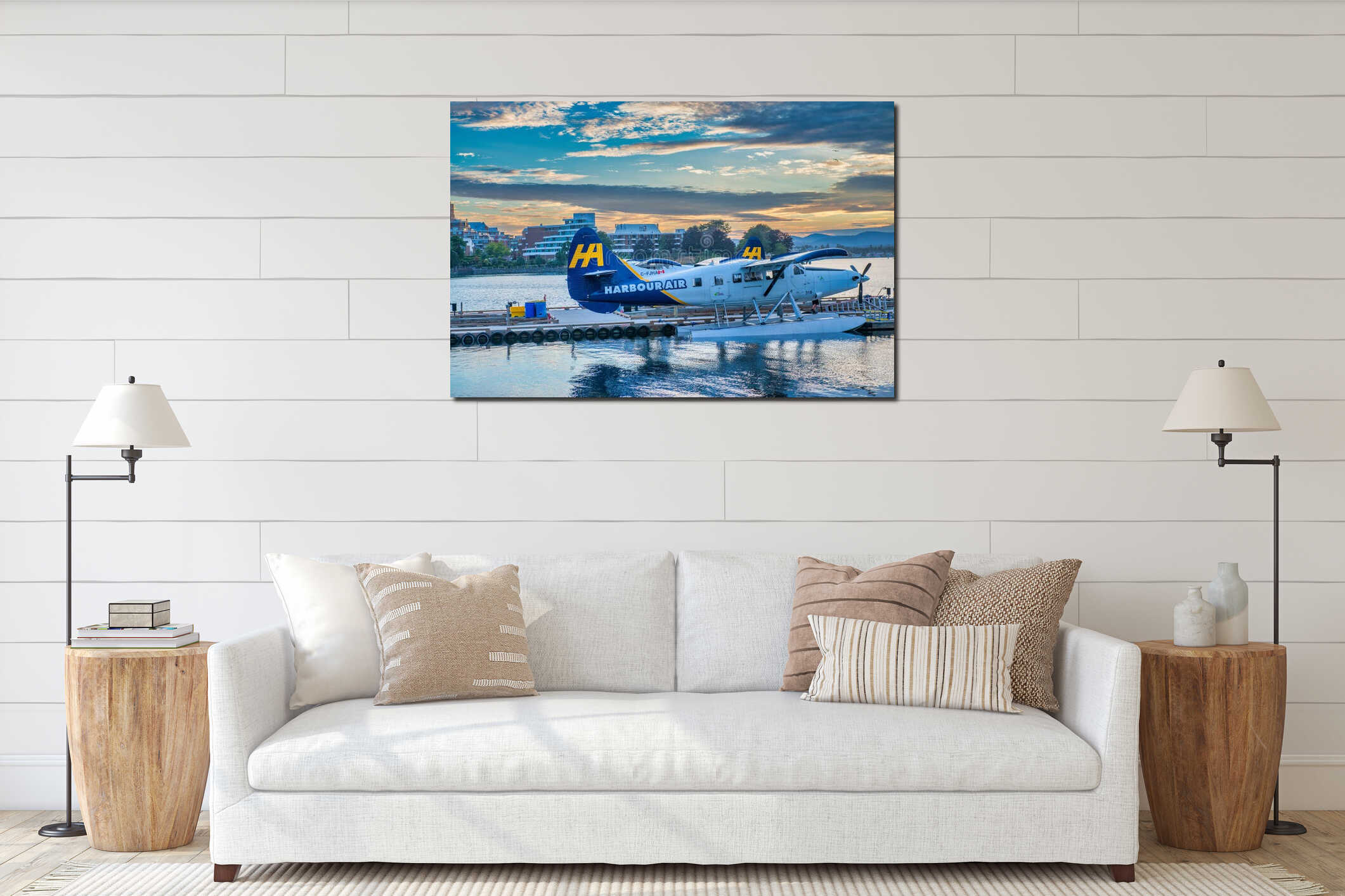 Victoria, Canada - August 14, 2017: Harbour Air small airplane in James Bay at sunset, Vancouver Island interior mockup