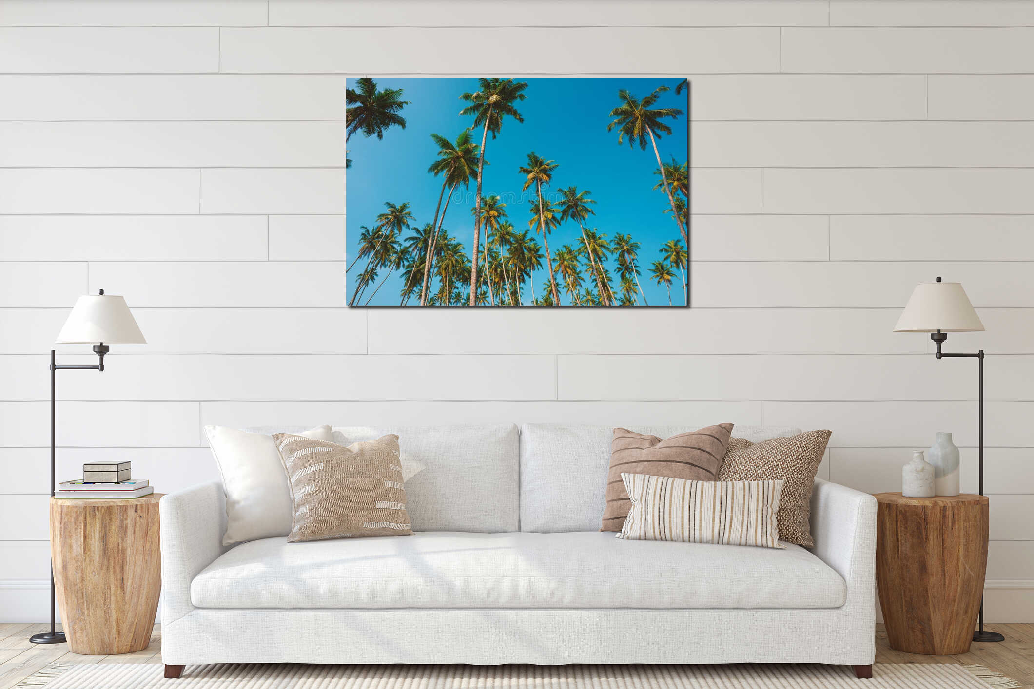 Coconut palms tropical beach interior mockup