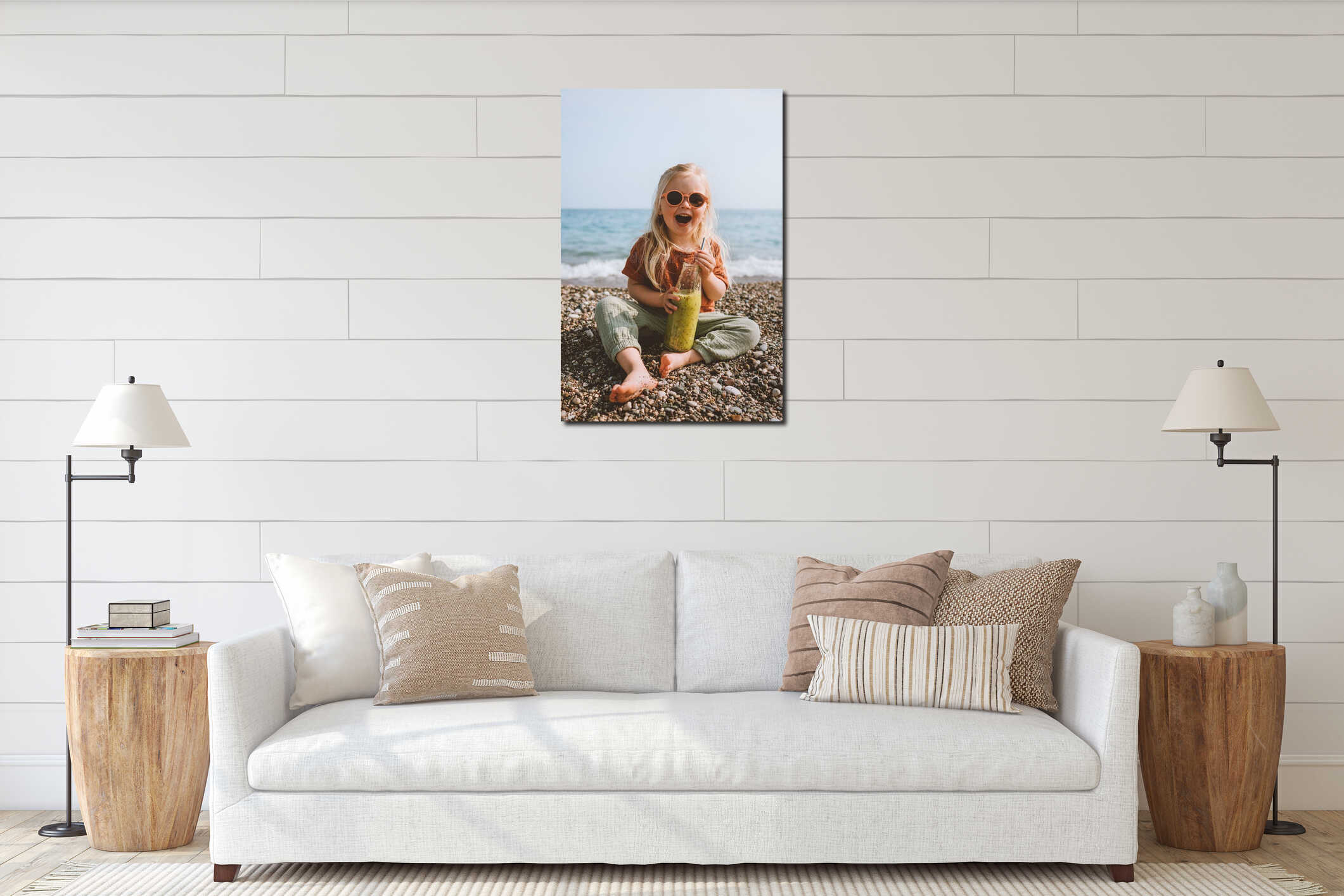 Child girl drinking smoothie sitting on beach healthy eating lifestyle vegan food interior mockup
