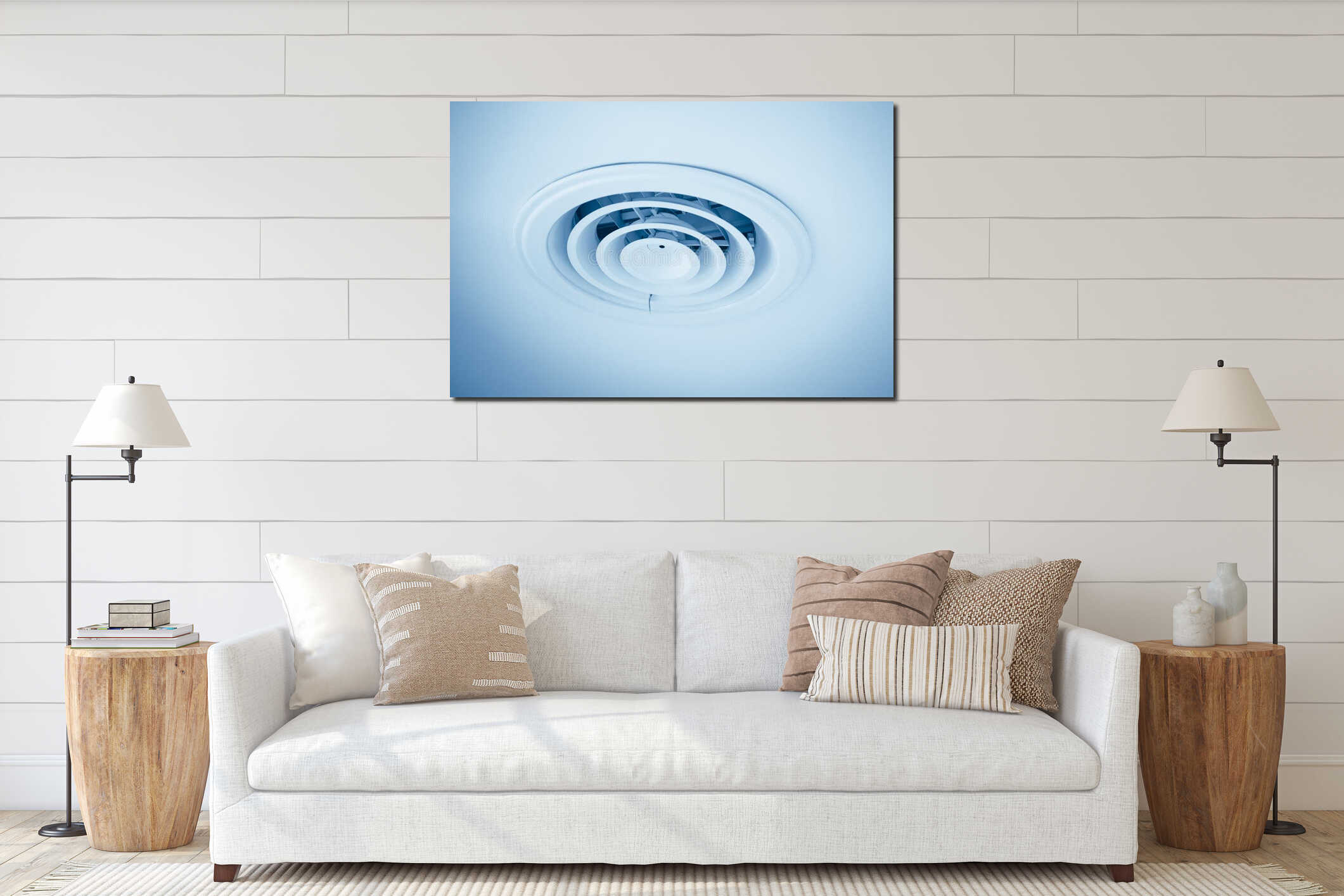 Air ventilation cover round ducting ceiling hole. air vent grille flow louver in large building blue color tone interior mockup