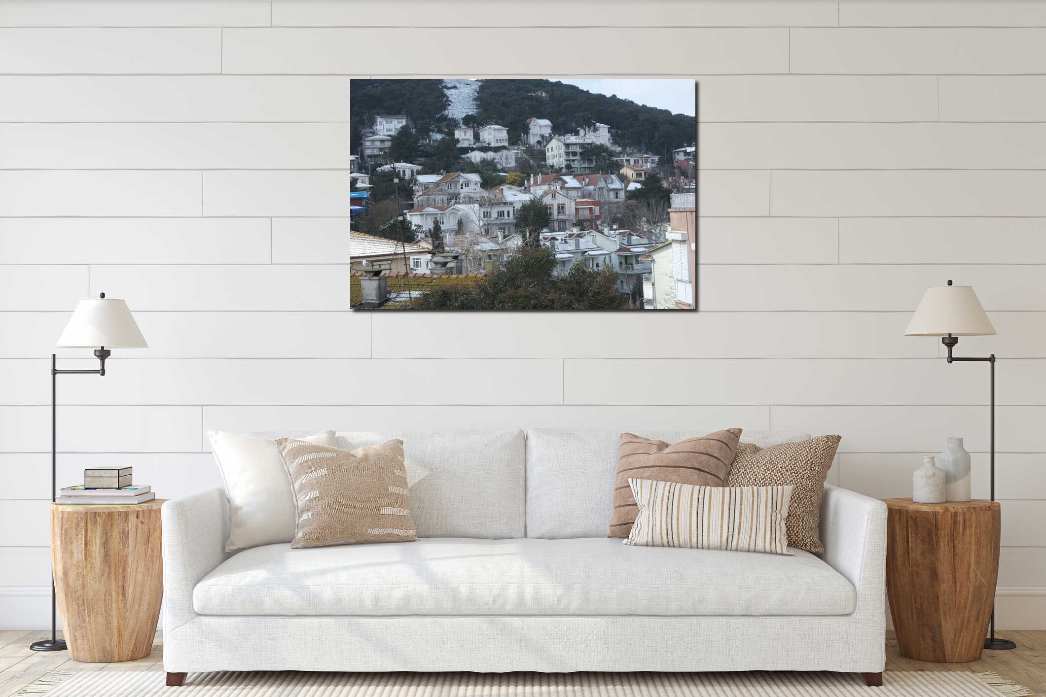 Snowy view of Heybeliada Halki, one of the islands of Istanbul, known as the Princes` Islands interior mockup