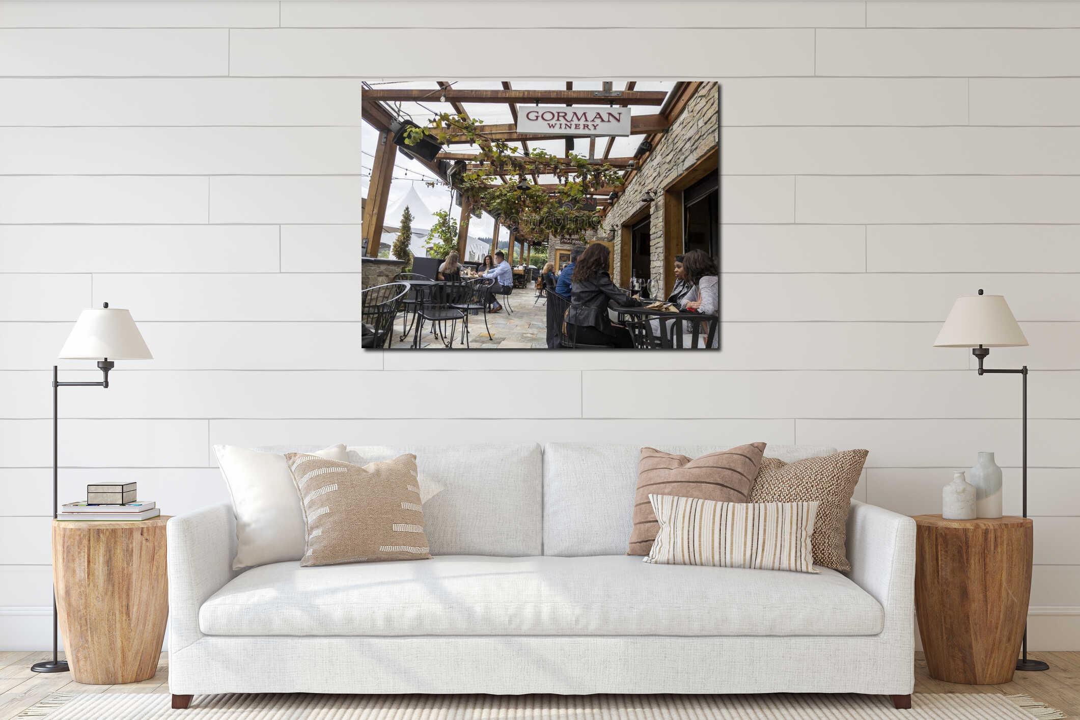 Woodinville, WA USA - circa August 2021: People dining and drinking in Woodinville`s famous wine country area in the heart of interior mockup