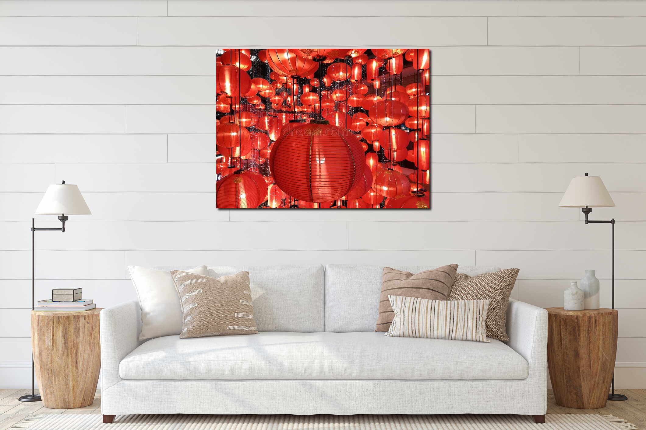 Group of various sizes vivid red round Chinese style lanterns hangs in beautiful random order with tiny sparkling starlight stripe interior mockup