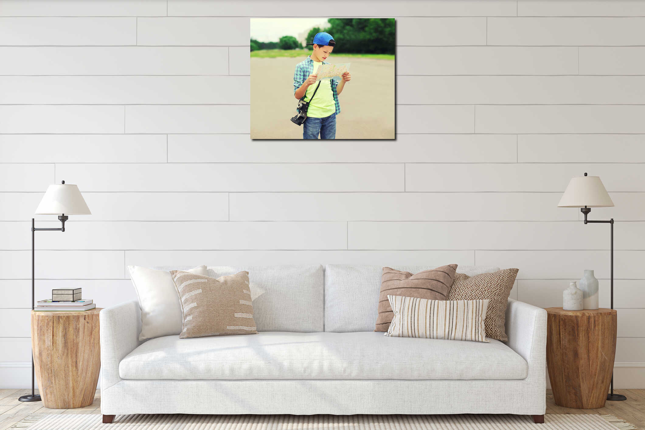 Portrait of teenager boy tourist sightseeing city with paper map interior mockup